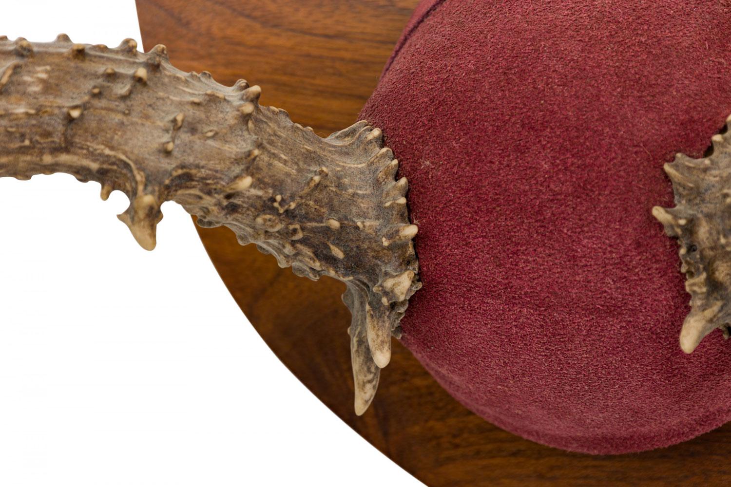 Rustikale dekorative Wildtrophäe / Wandtafel, bestehend aus zwei Hirschgeweihen, die in einem mit rotem Wildleder überzogenen Block montiert sind, der auf einer schildförmigen hölzernen Wandtafel angebracht ist.