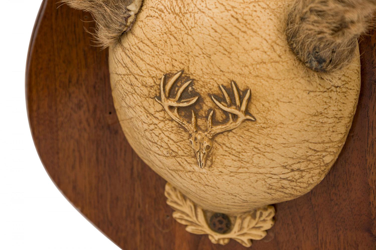 Rustikales, dekoratives Hirschgeweih mit Samt, montiert in einem Lederblock, der mit dem Bild eines Schädels mit Geweih geprägt ist und auf einer schildförmigen Holzplatte montiert ist.