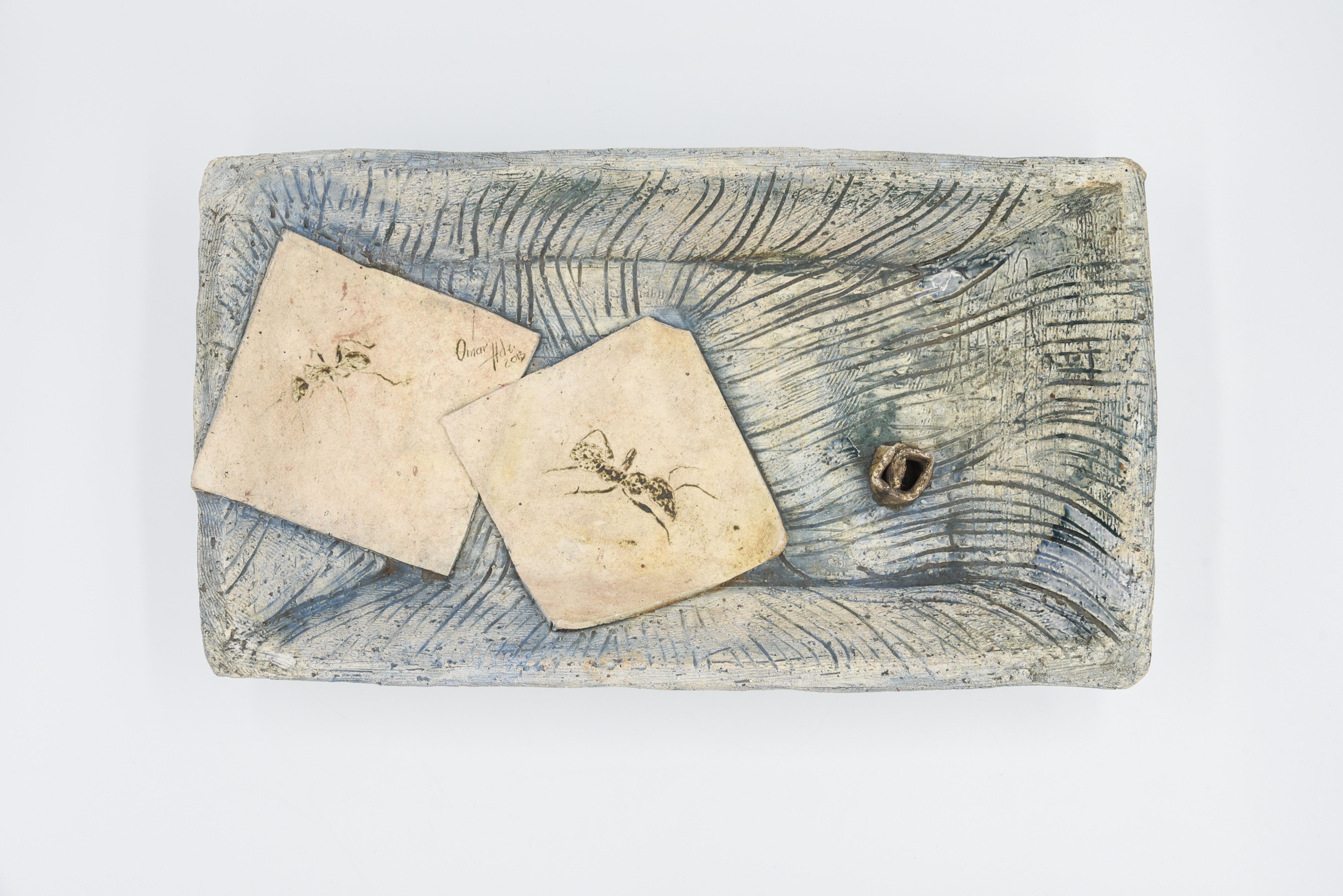 Plato Decorativo Rústico Vide Poche Cerámica Arcilla Azul Claro Hoja y Araña Naturaleza Hecho a mano en venta
