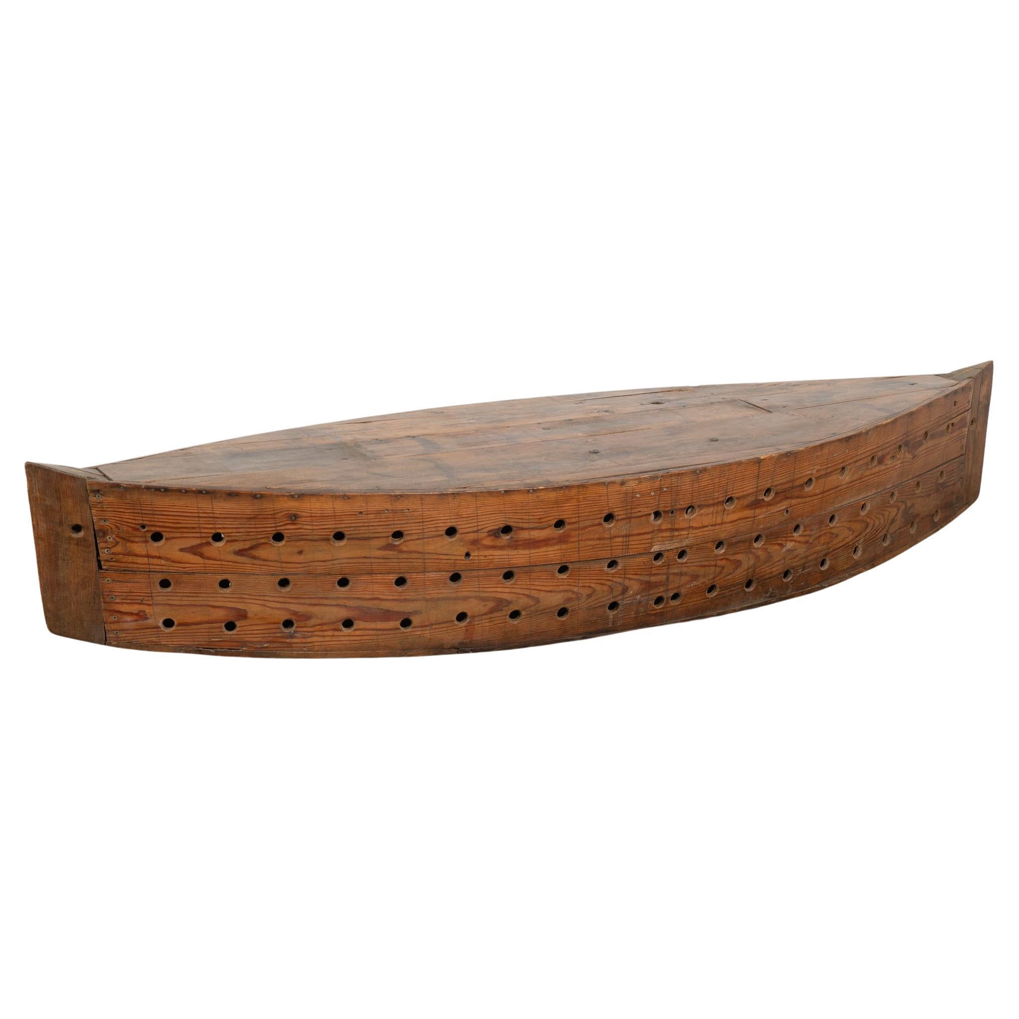 Rustic Decorative Model Boat With Holes For Fishing or Large Creel, circa 1940 For Sale