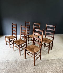 Rustic Design High Ladder Back Oak & Rush Dining Chairs, Belgium 1950's