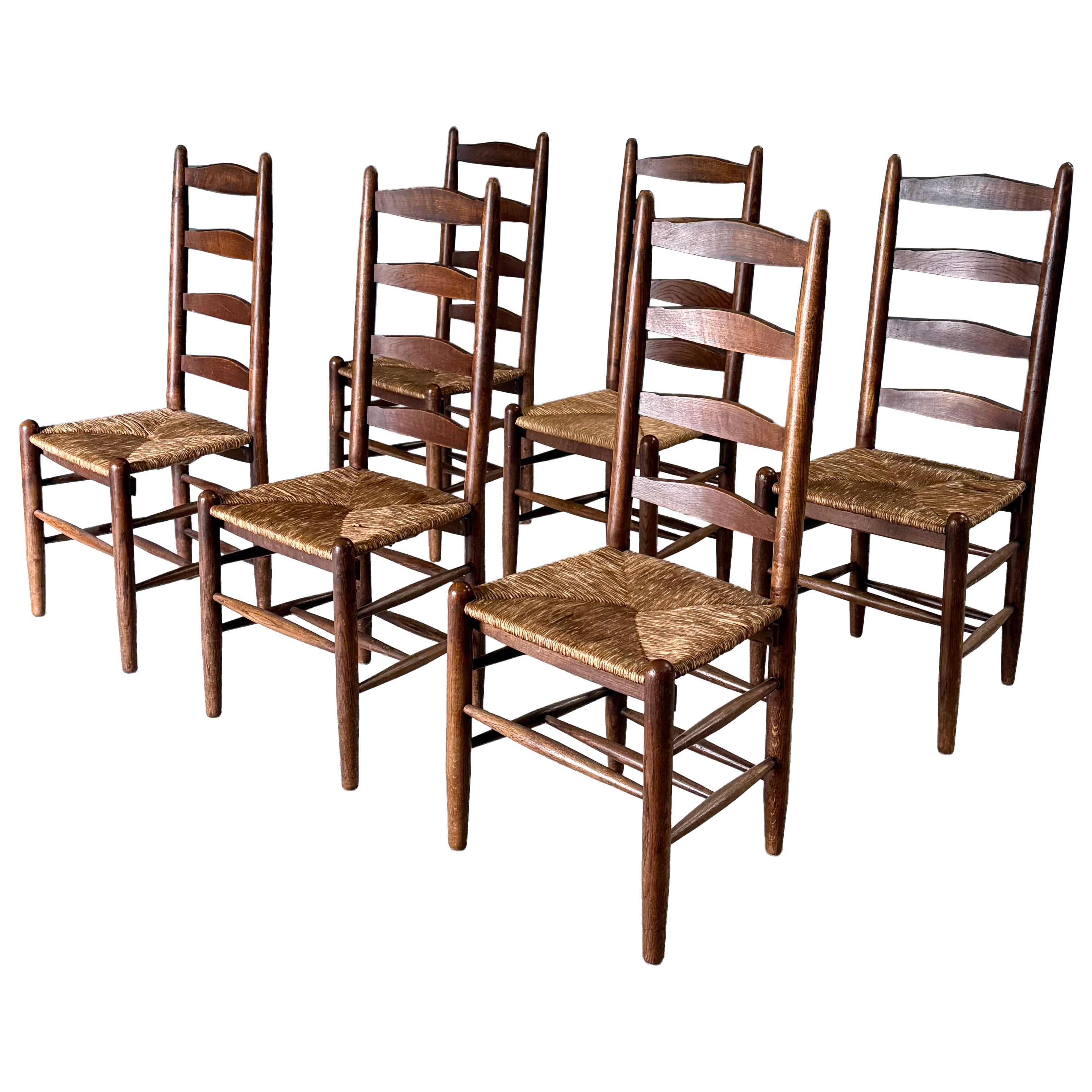 Rustic Design High Ladder Back Oak & Rush Dining Chairs, Belgium 1950's