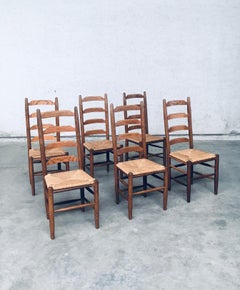 Rustic Design Ladder Back Oak & Rush Dining Chairs, Belgium 1960's