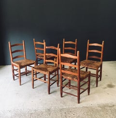 Rustic Design Low Ladder Back Oak & Rush Dining Chairs, Belgium 1950's