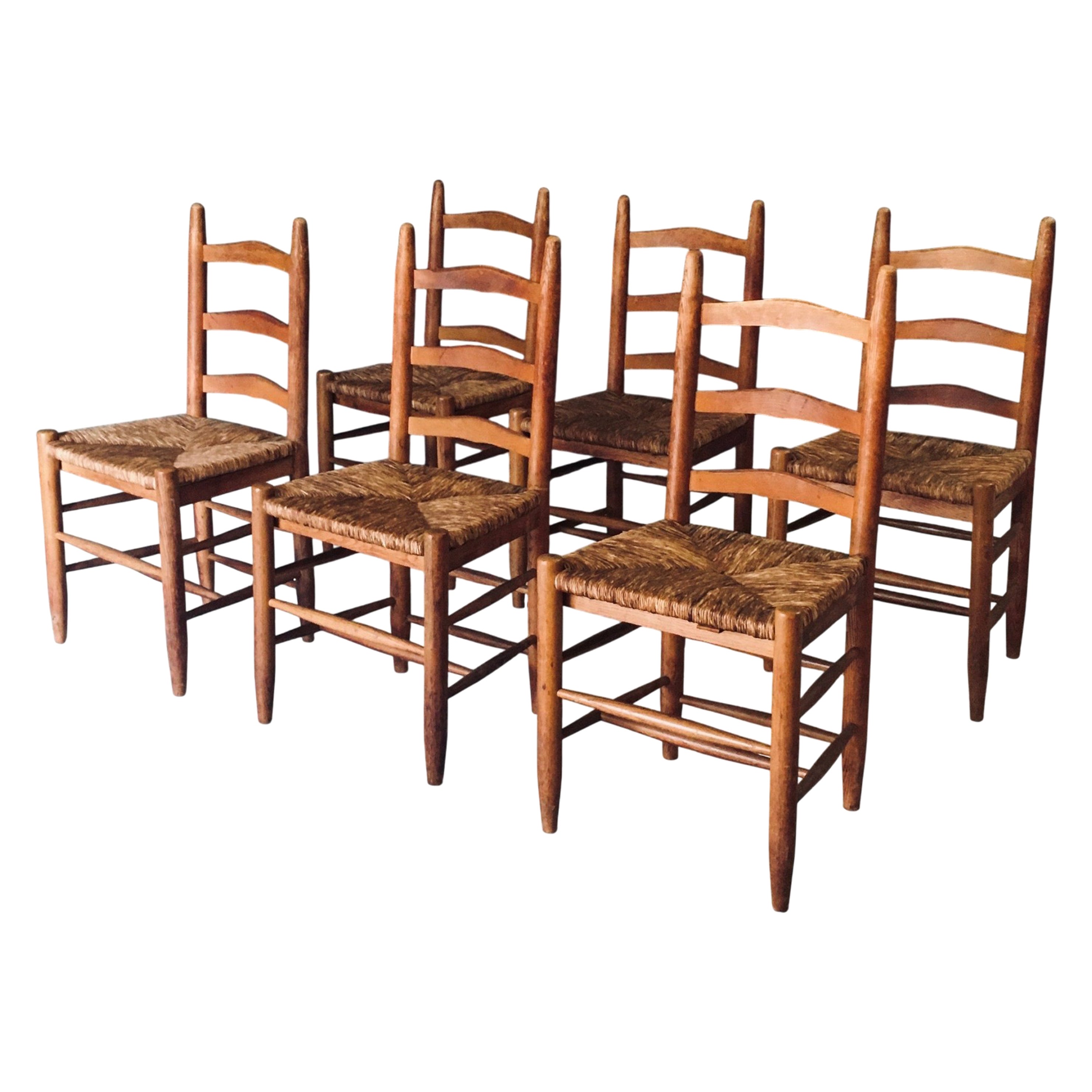 Rustic Design Low Ladder Back Oak & Rush Dining Chairs, Belgium 1950's For Sale