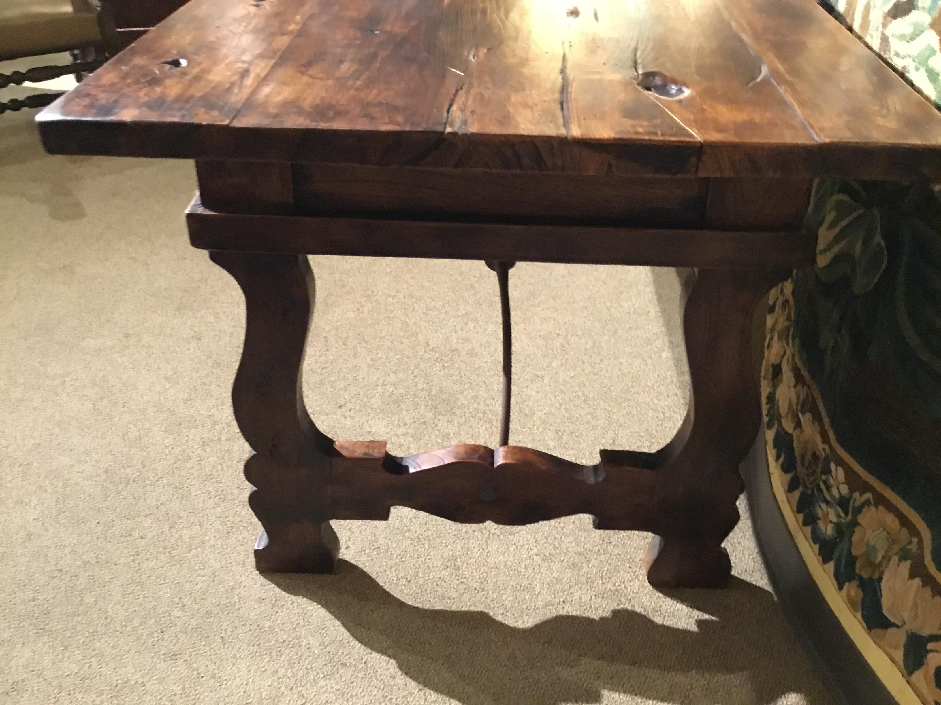 Rustic Desk or Library Table with Ox Bow Ends and Iron Stretcher below In Good Condition In Houston, TX