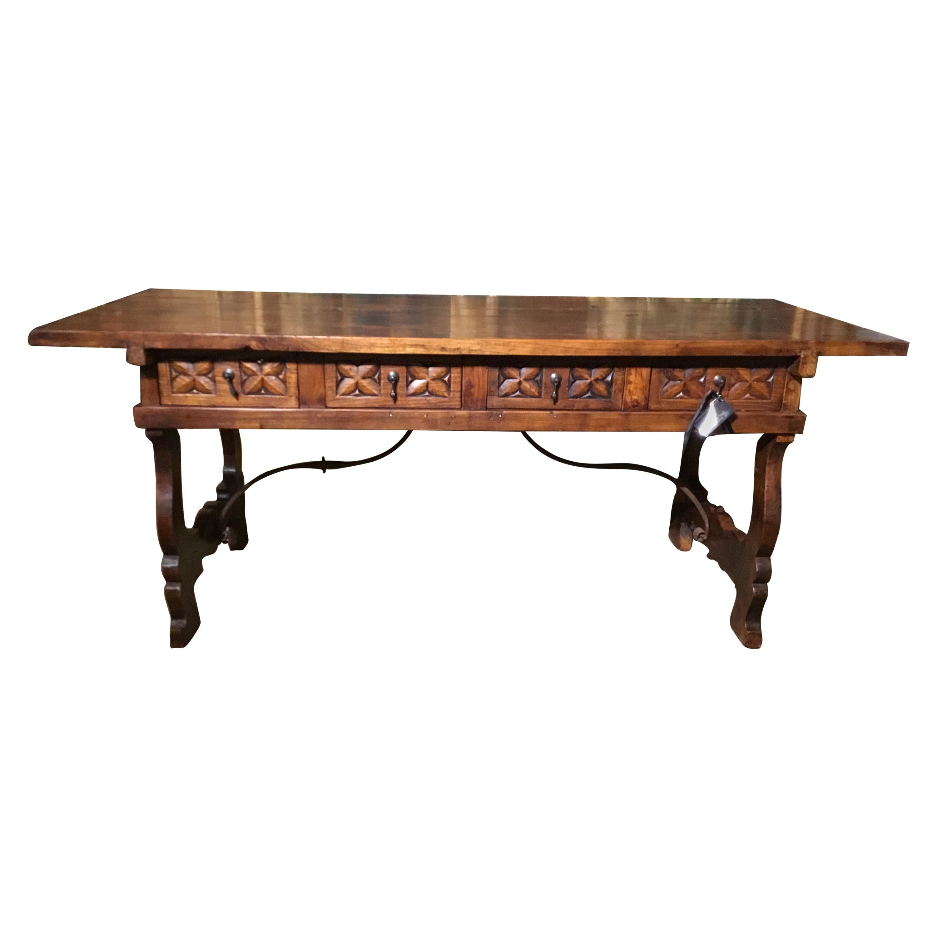 Rustic Desk or Library Table with Ox Bow Ends and Iron Stretcher below