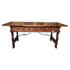 Used Rustic Desk or Library Table with Ox Bow Ends and Iron Stretcher below