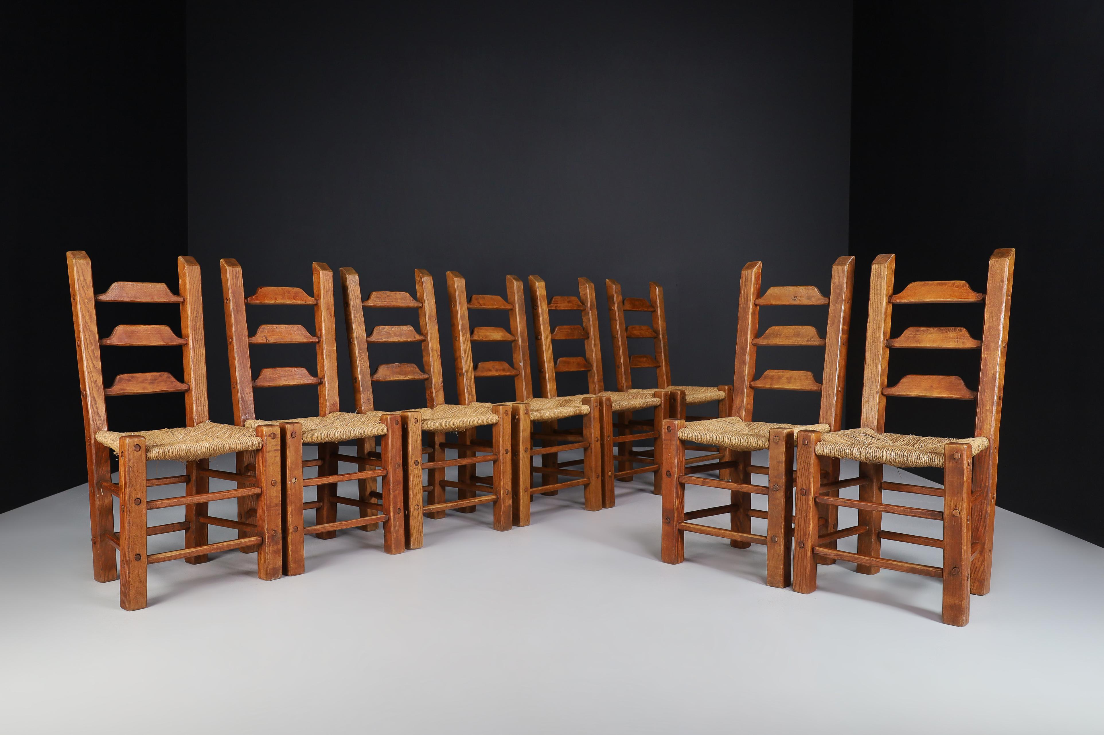 Rustic Dining Chairs in Oak and Rush, Spain, 1960s   For Sale 5