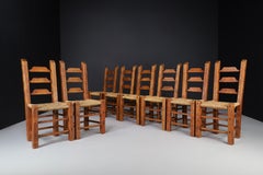 Sedie da pranzo rustiche in Oak e giunco, Spagna, anni '60