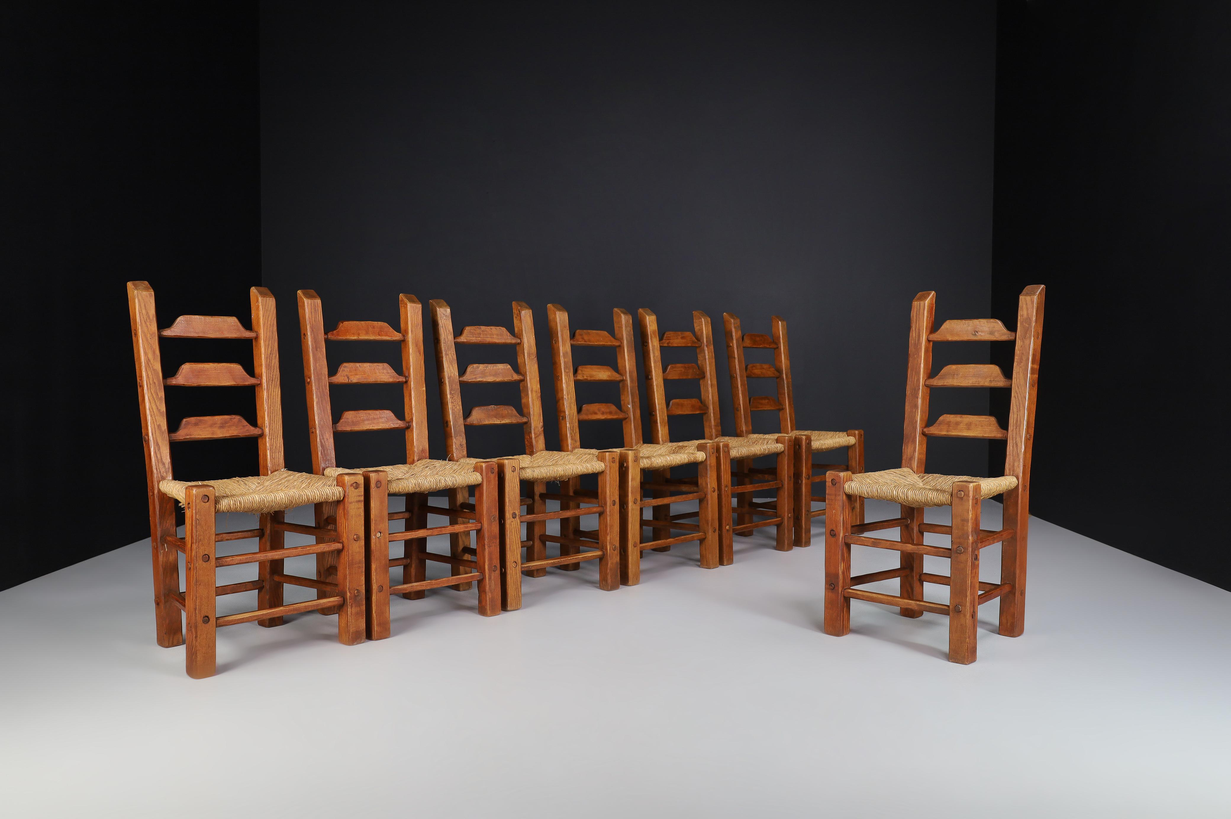 Primitive Rustic Dining Chairs in Oak and Rush, Spain, 1960s   For Sale