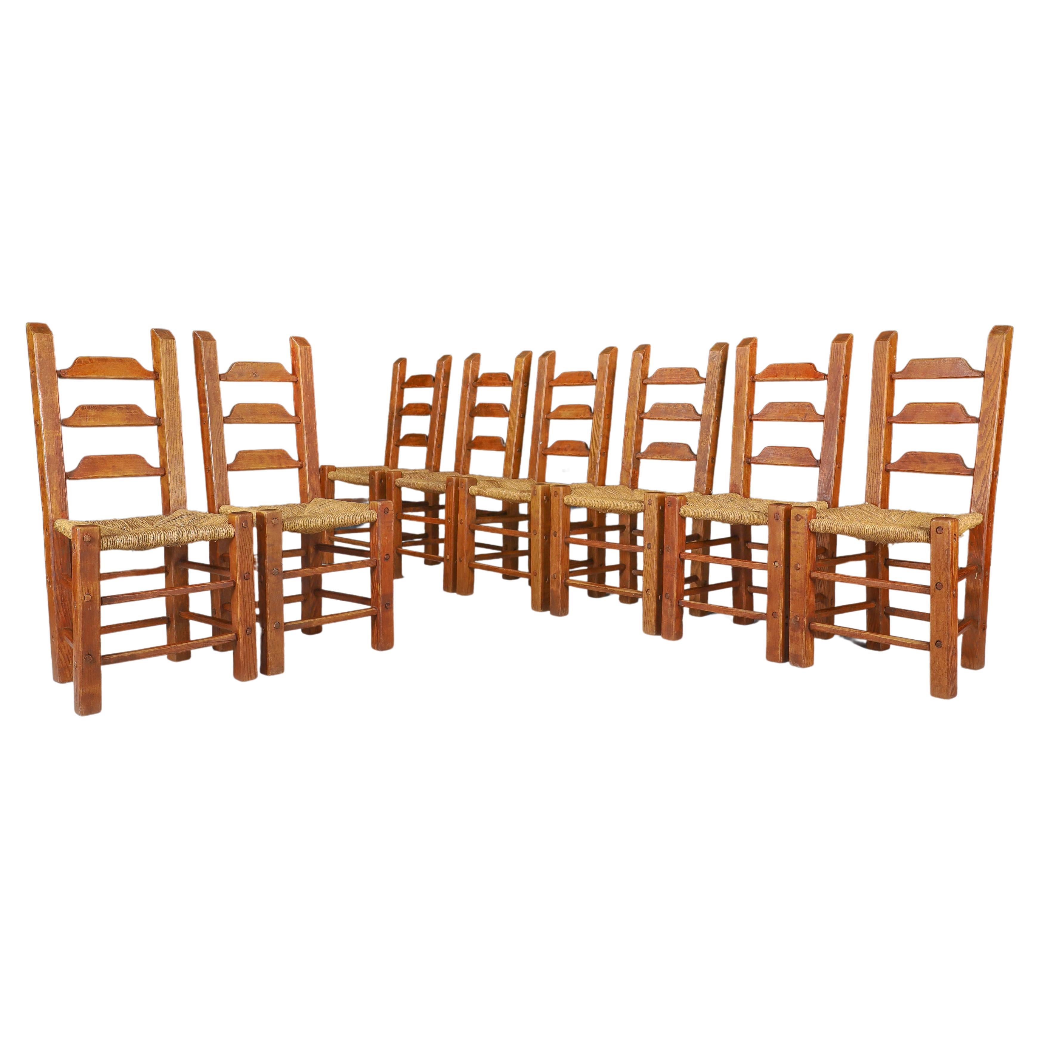 Rustic Dining Chairs in Oak and Rush, Spain, 1960s   For Sale
