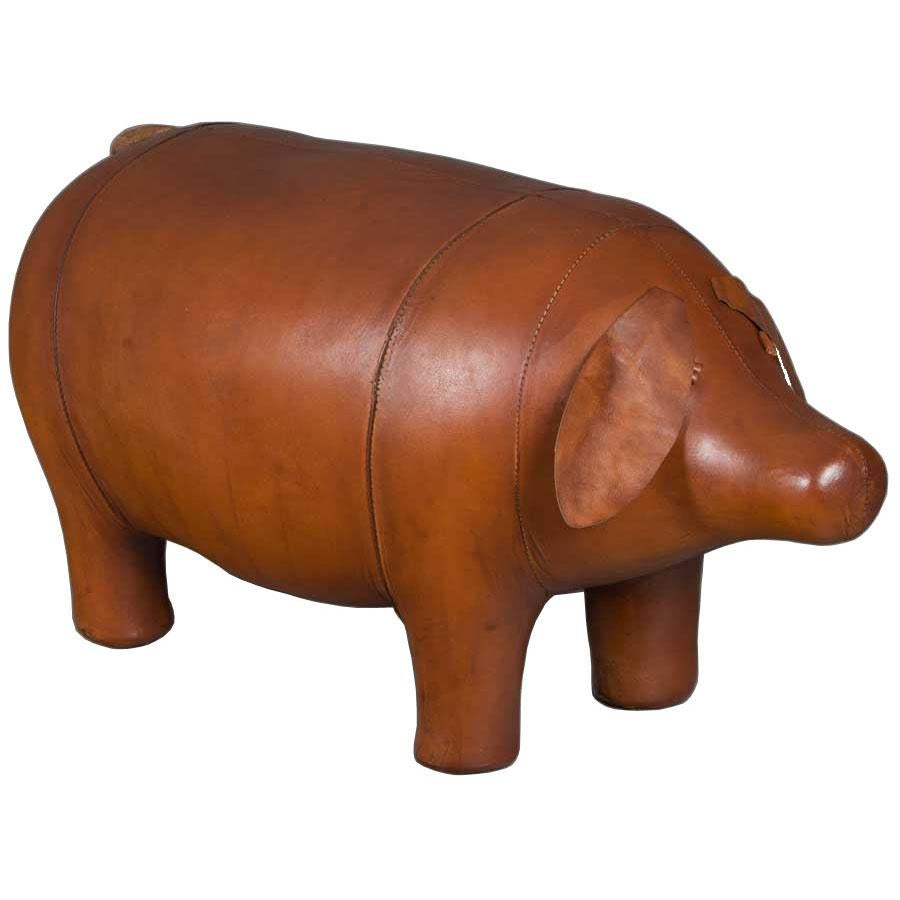 Rustic Distressed Leather Pig Footstool Ottoman In New Condition For Sale In Atlanta, GA