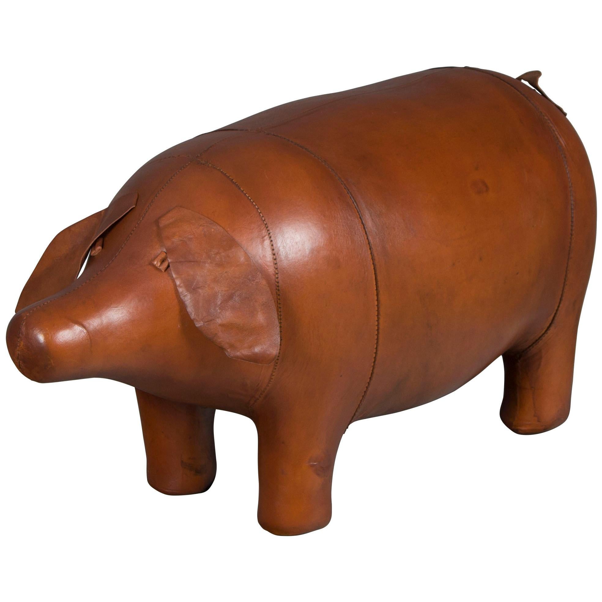 Rustic Distressed Leather Pig Footstool Ottoman For Sale