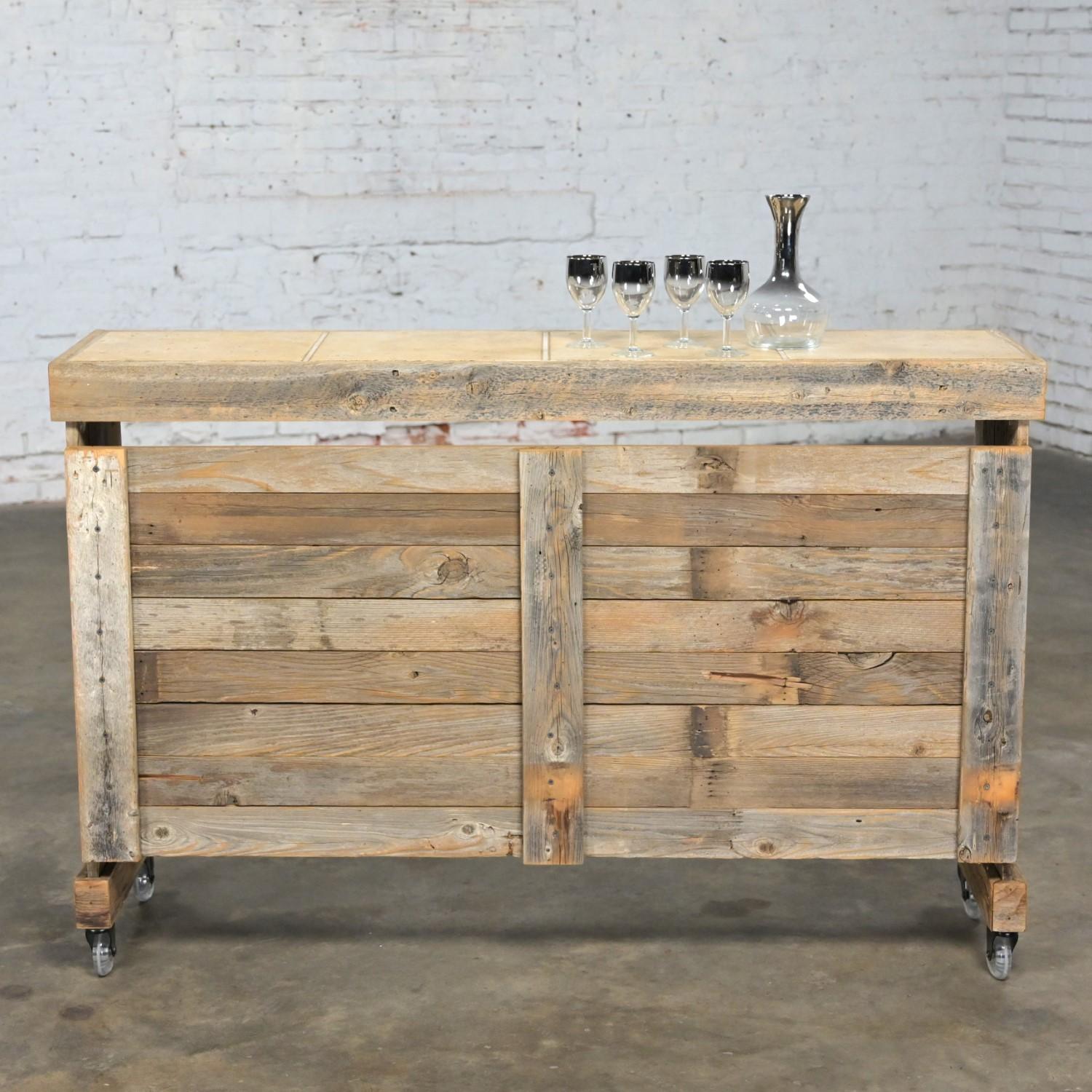 Rustic Distressed Wood Ceramic Top Bookshelf Console Table or Rolling Bar  For Sale 6