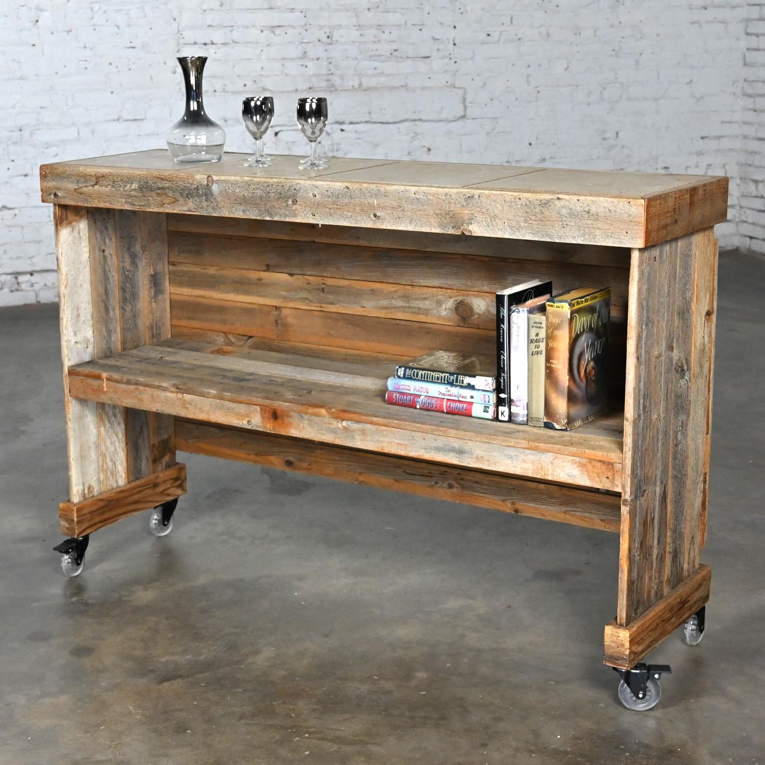Rustic Distressed Wood Ceramic Top Bookshelf Console Table or Rolling Bar  For Sale 7