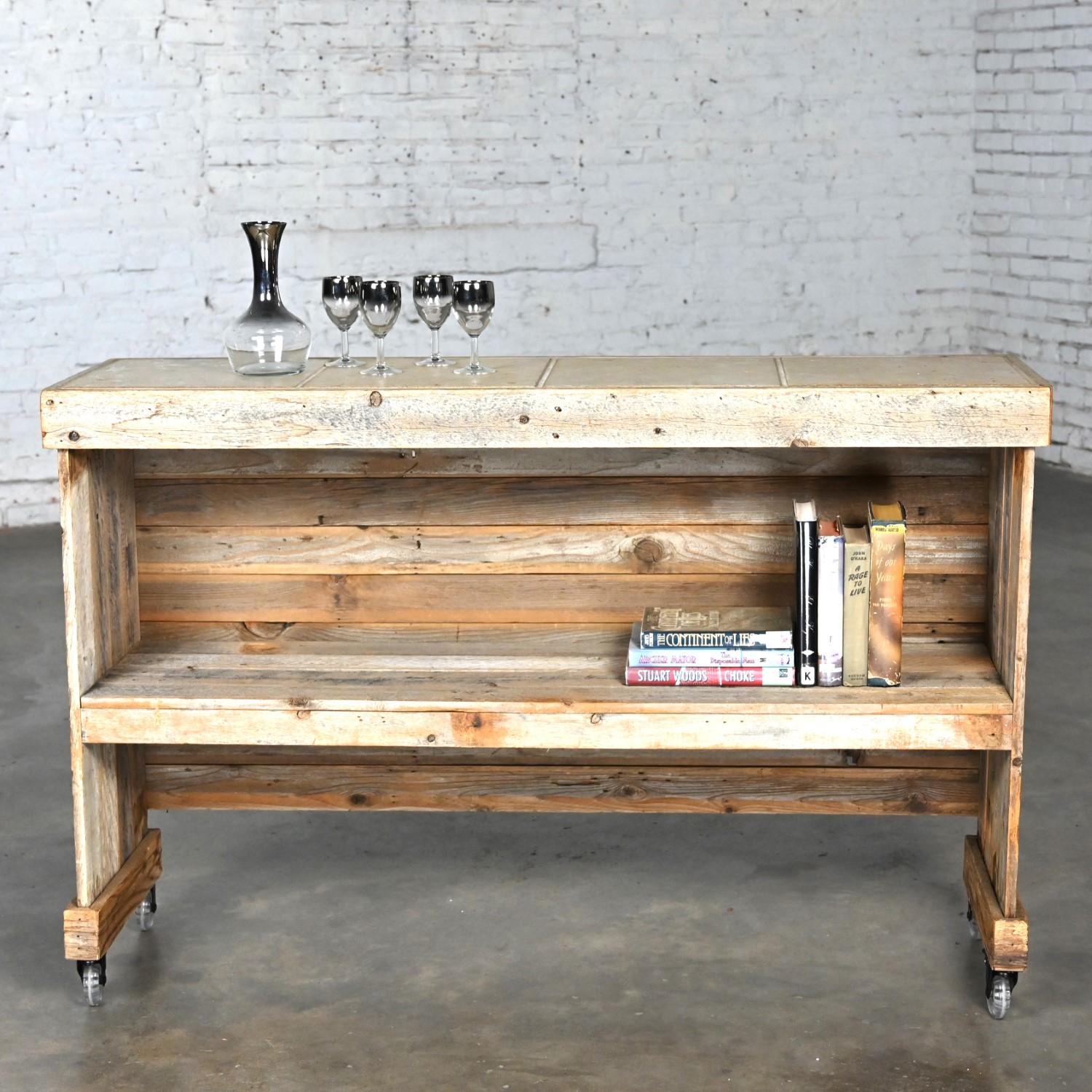 Rustic Distressed Wood Ceramic Top Bookshelf Console Table or Rolling Bar  For Sale 8