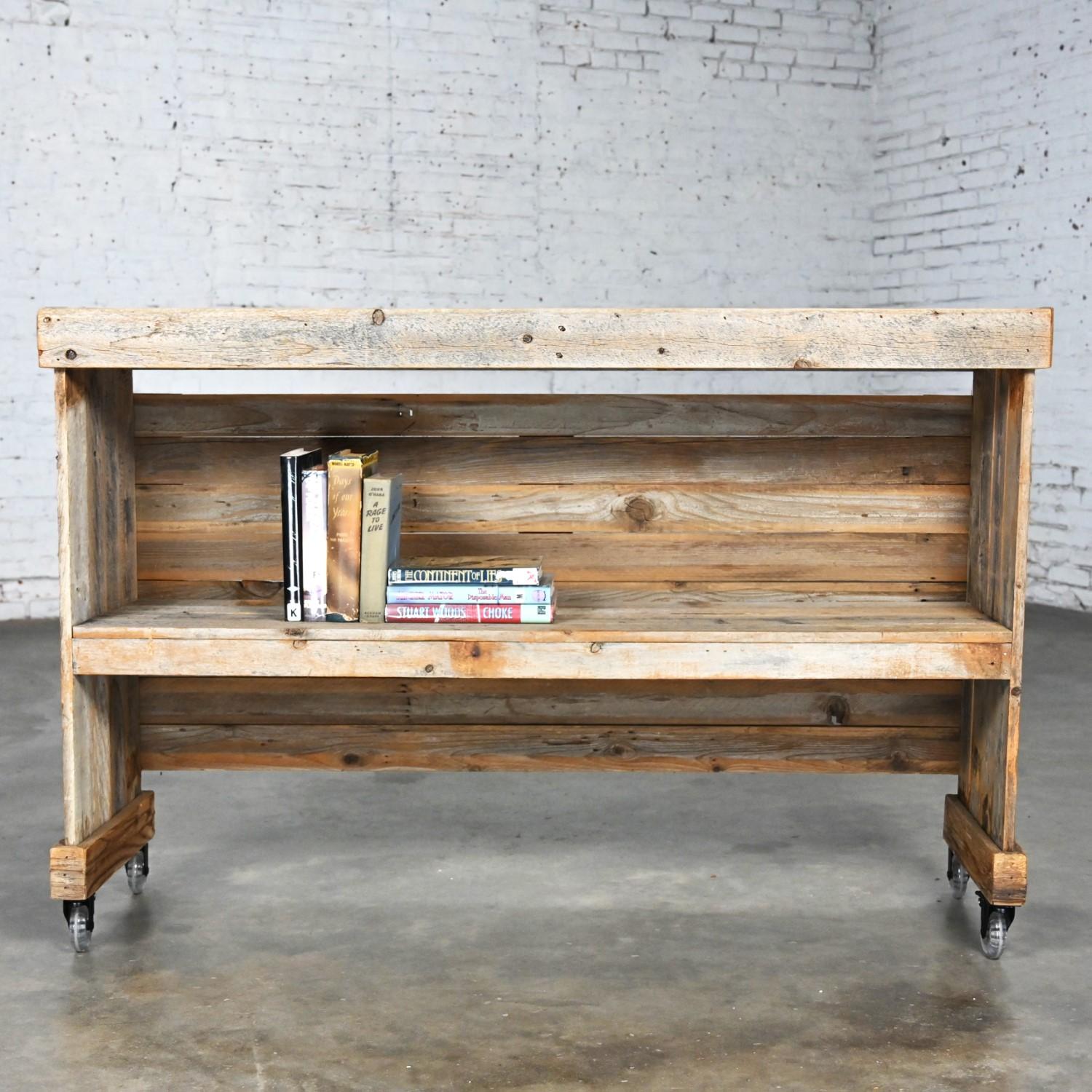 Rustic Distressed Wood Ceramic Top Bookshelf Console Table or Rolling Bar  For Sale 9