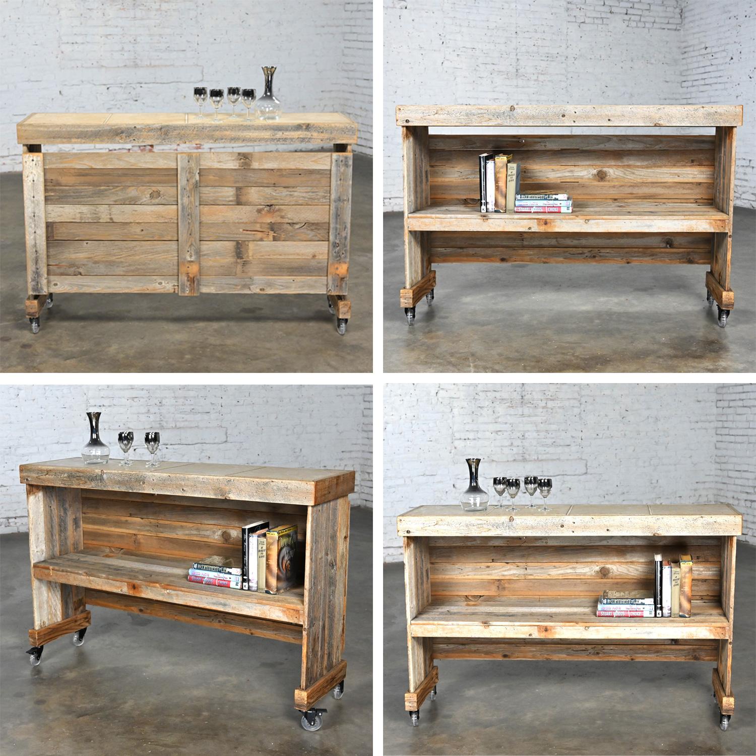 Rustic Distressed Wood Ceramic Top Bookshelf Console Table or Rolling Bar  For Sale 10