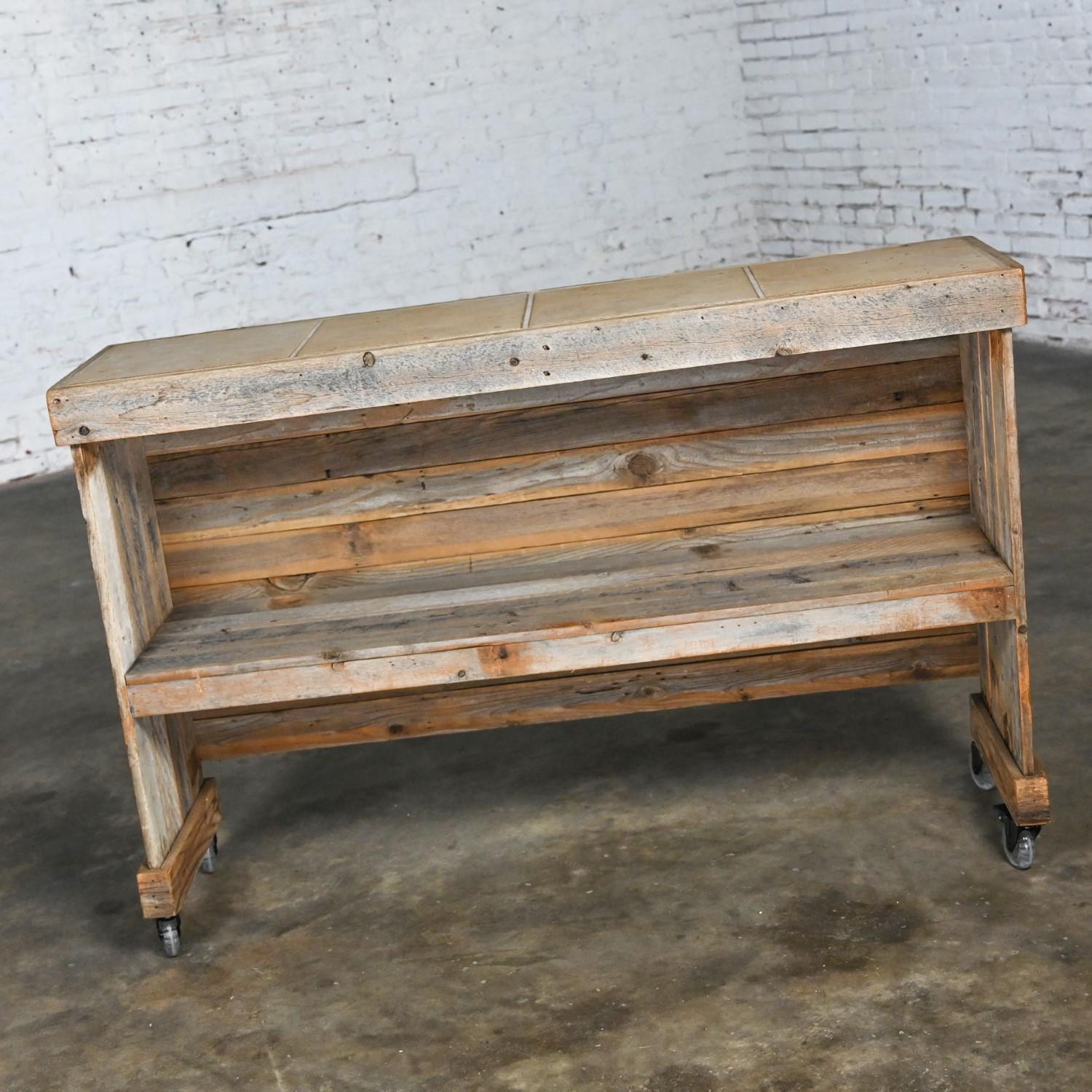 Rustic Distressed Wood Ceramic Top Bookshelf Console Table or Rolling Bar  For Sale 13