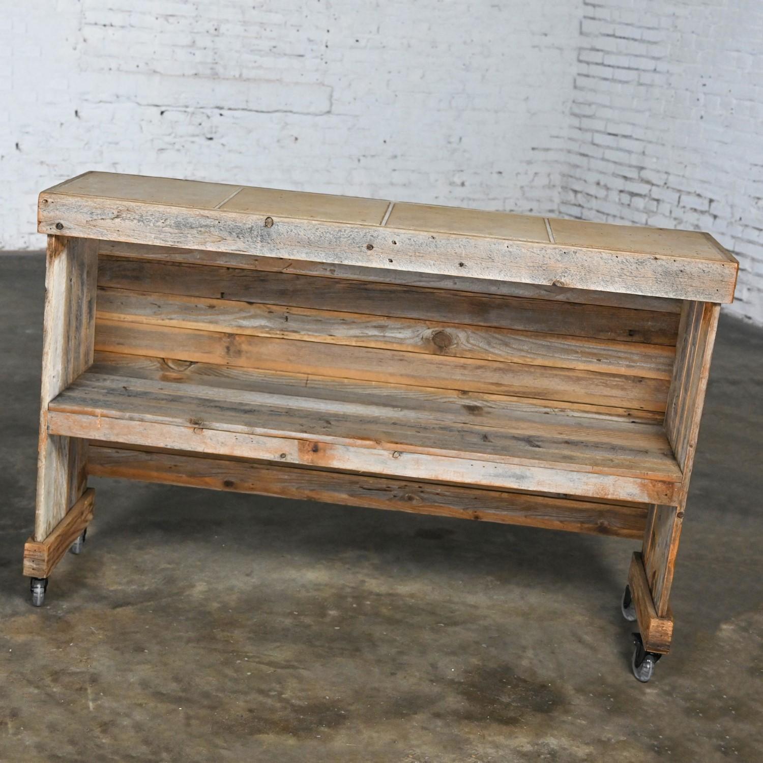 Rustic Distressed Wood Ceramic Top Bookshelf Console Table or Rolling Bar  For Sale 14