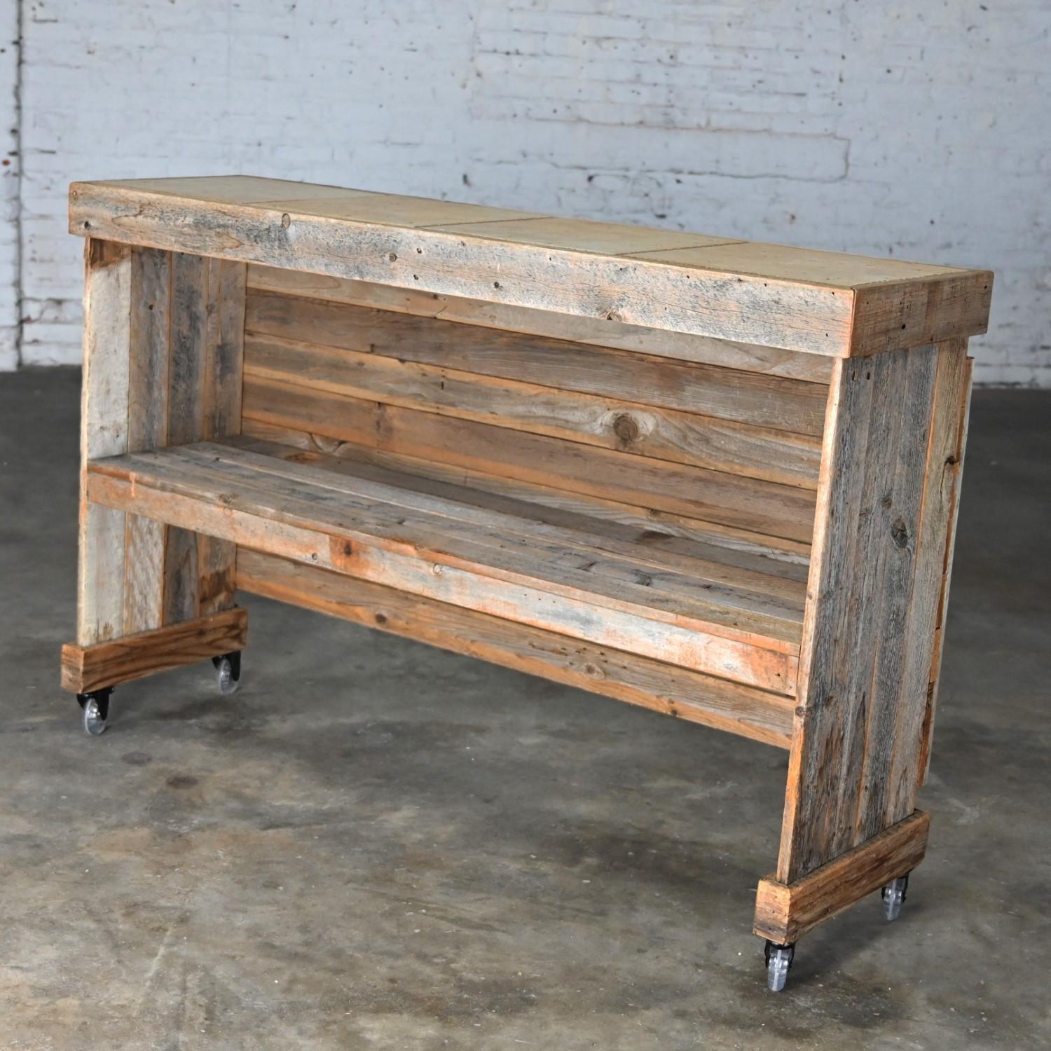 American Rustic Distressed Wood Ceramic Top Bookshelf Console Table or Rolling Bar  For Sale