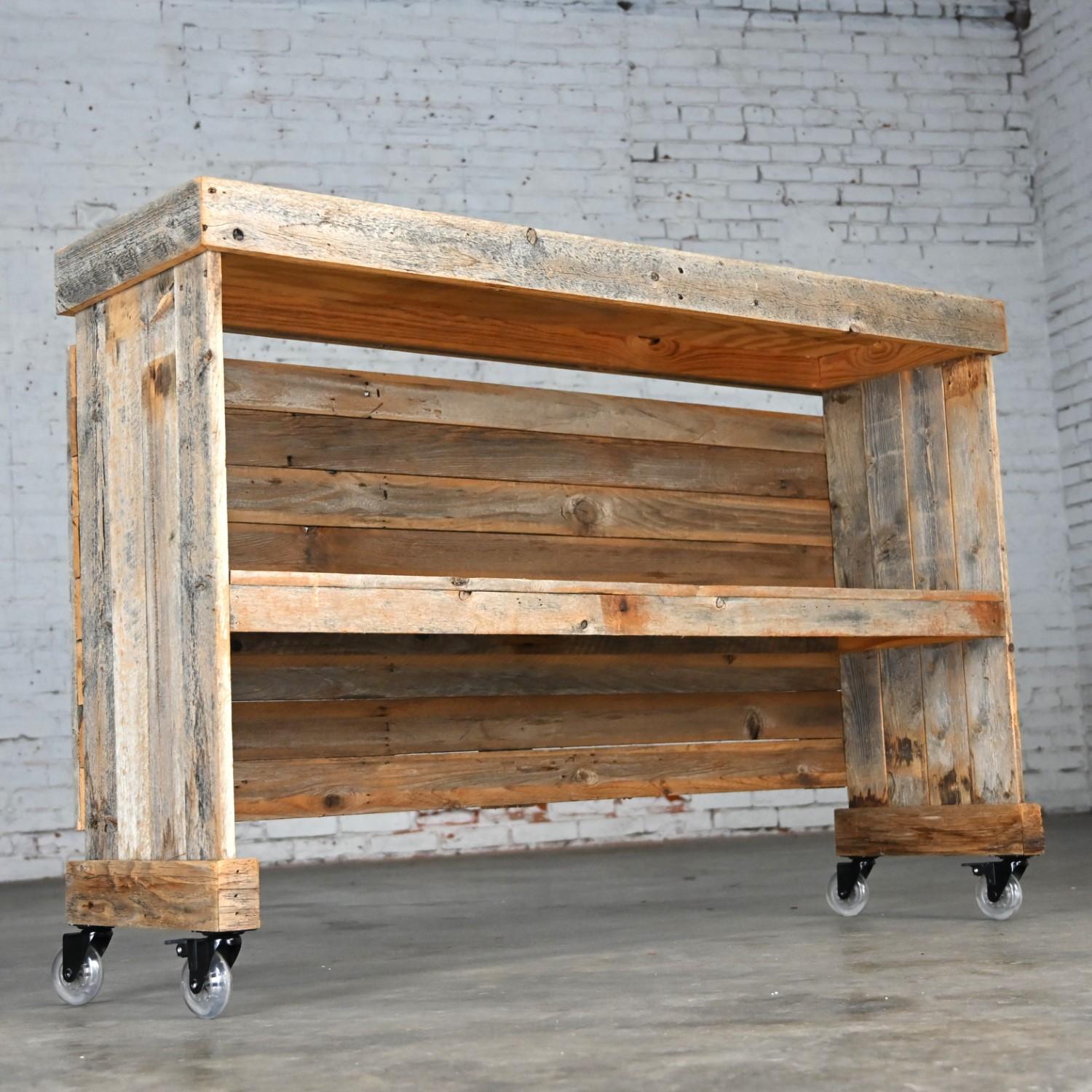 Contemporary Rustic Distressed Wood Ceramic Top Bookshelf Console Table or Rolling Bar  For Sale