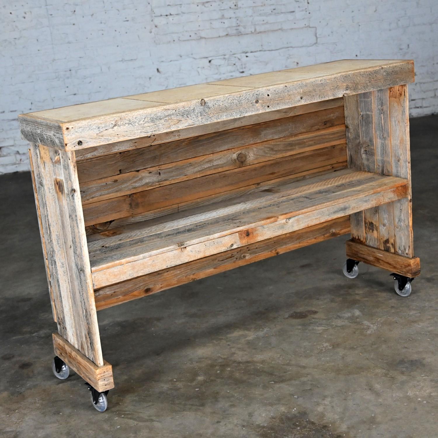 Rustic Distressed Wood Ceramic Top Bookshelf Console Table or Rolling Bar  For Sale 1