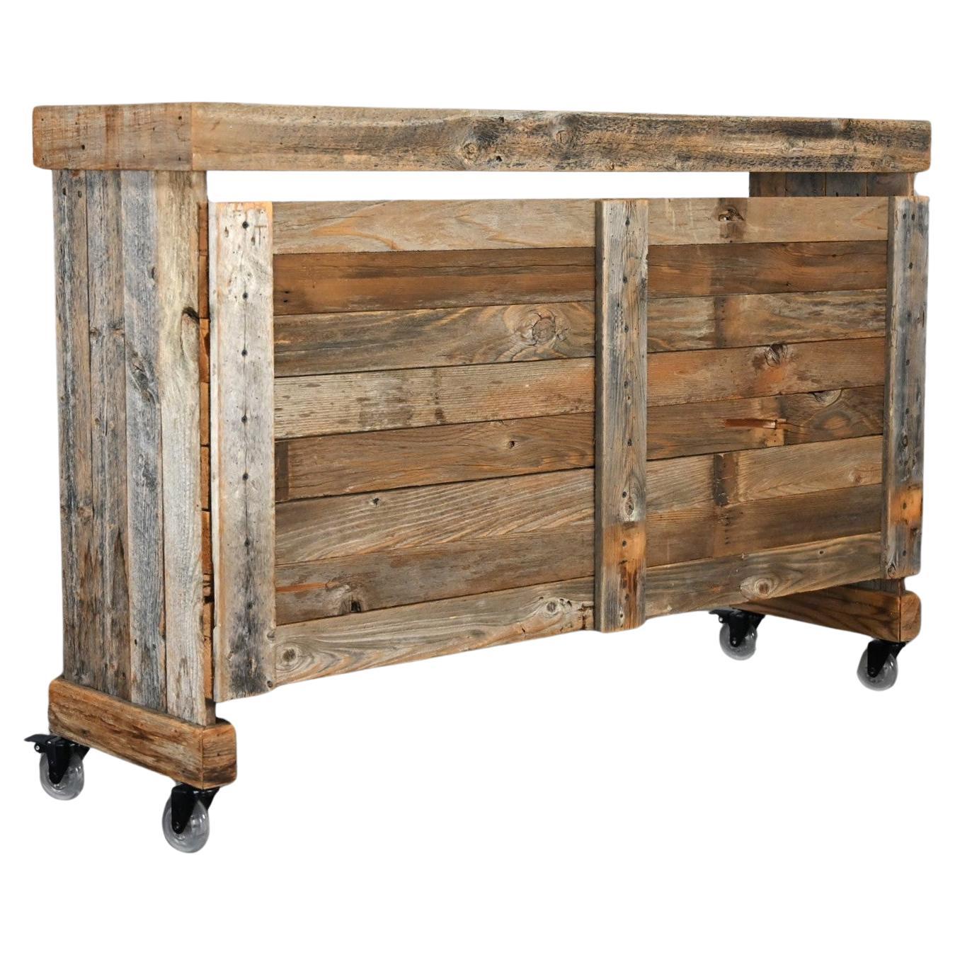 Rustic Distressed Wood Ceramic Top Bookshelf Console Table or Rolling Bar  For Sale