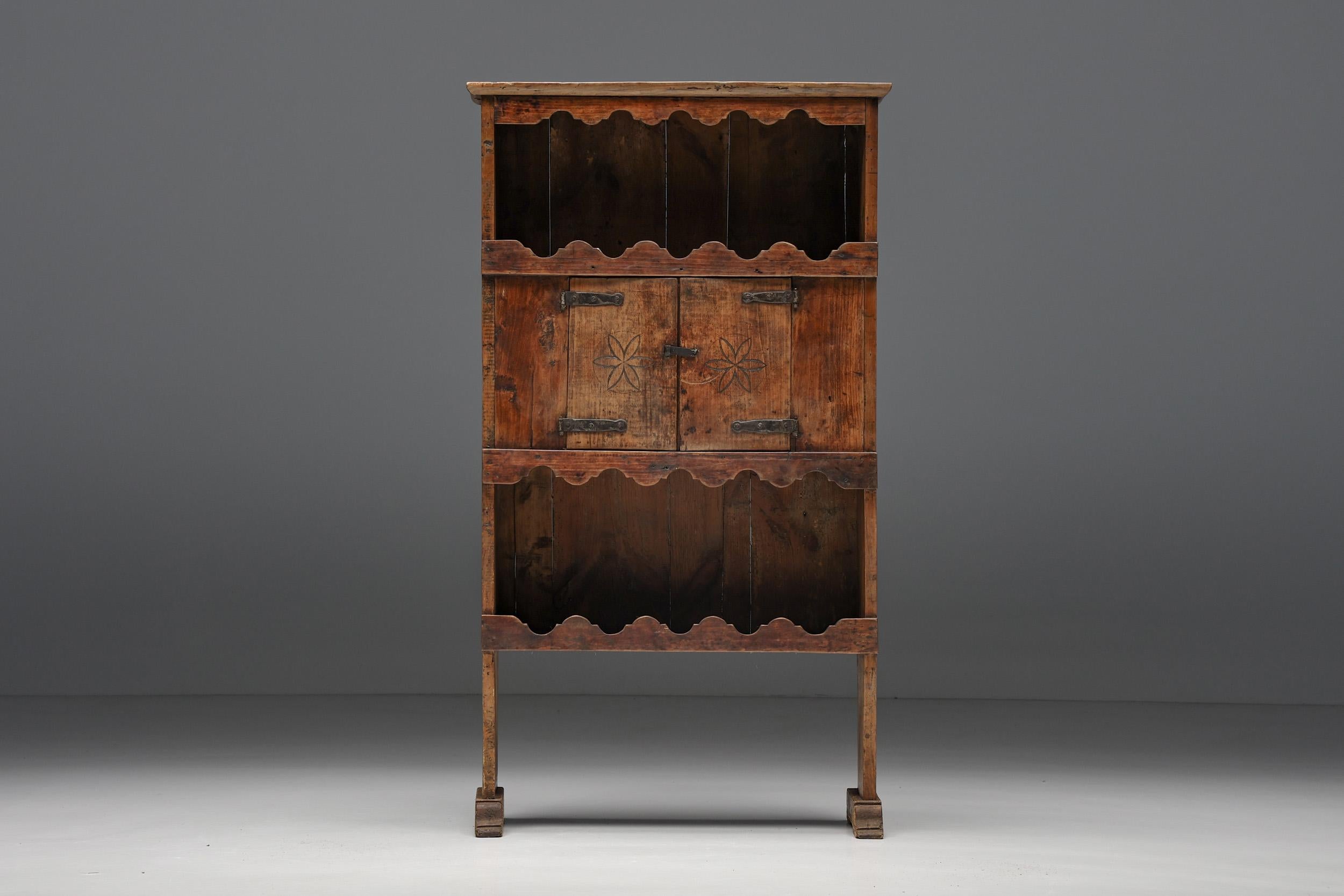 Wood Rustic Dressoir, Flower Pattern, French Craftsmanship, 19th Century