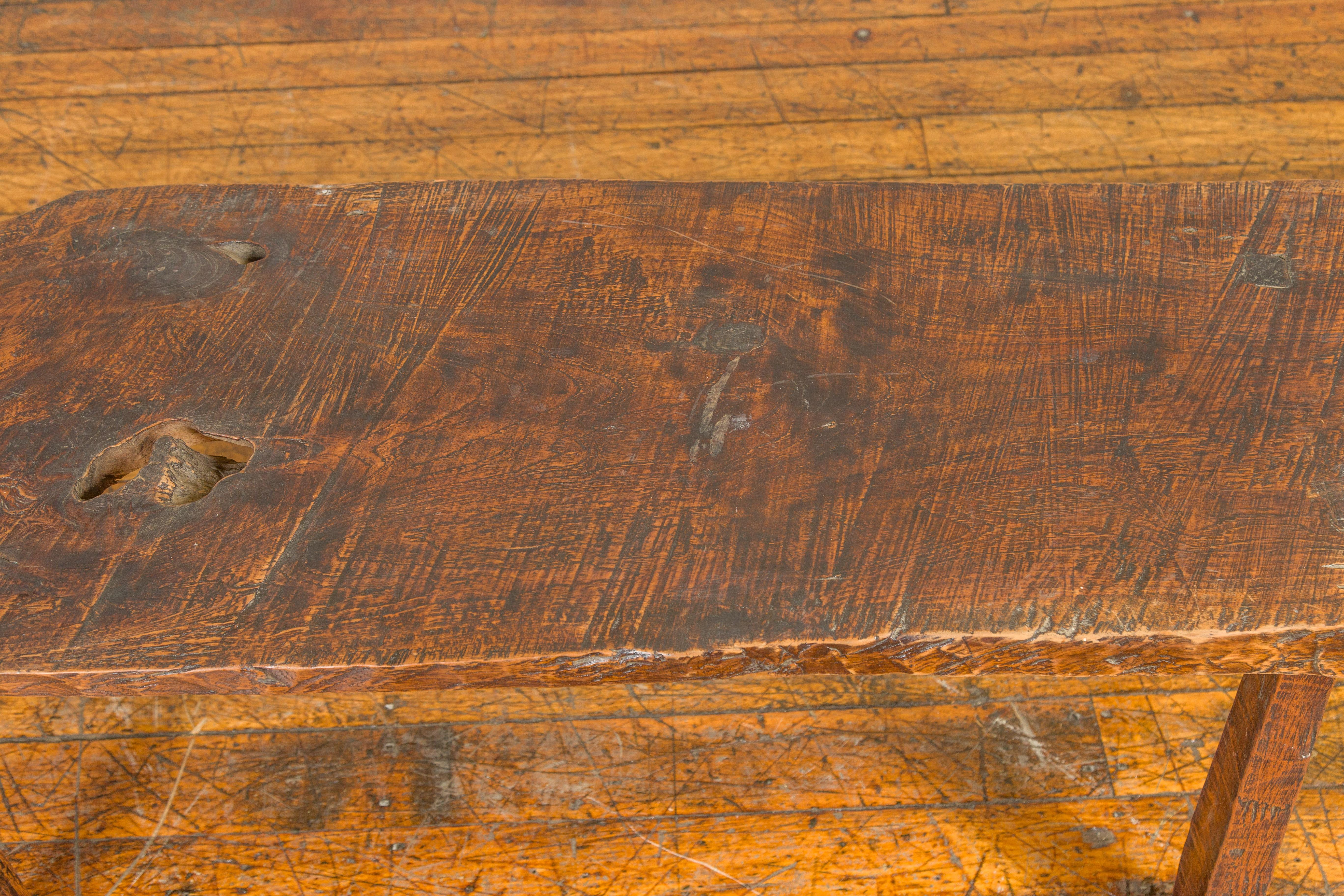 Rustic Driftwood Bench with Weathered Appearance and Splaying Legs In Good Condition In Yonkers, NY