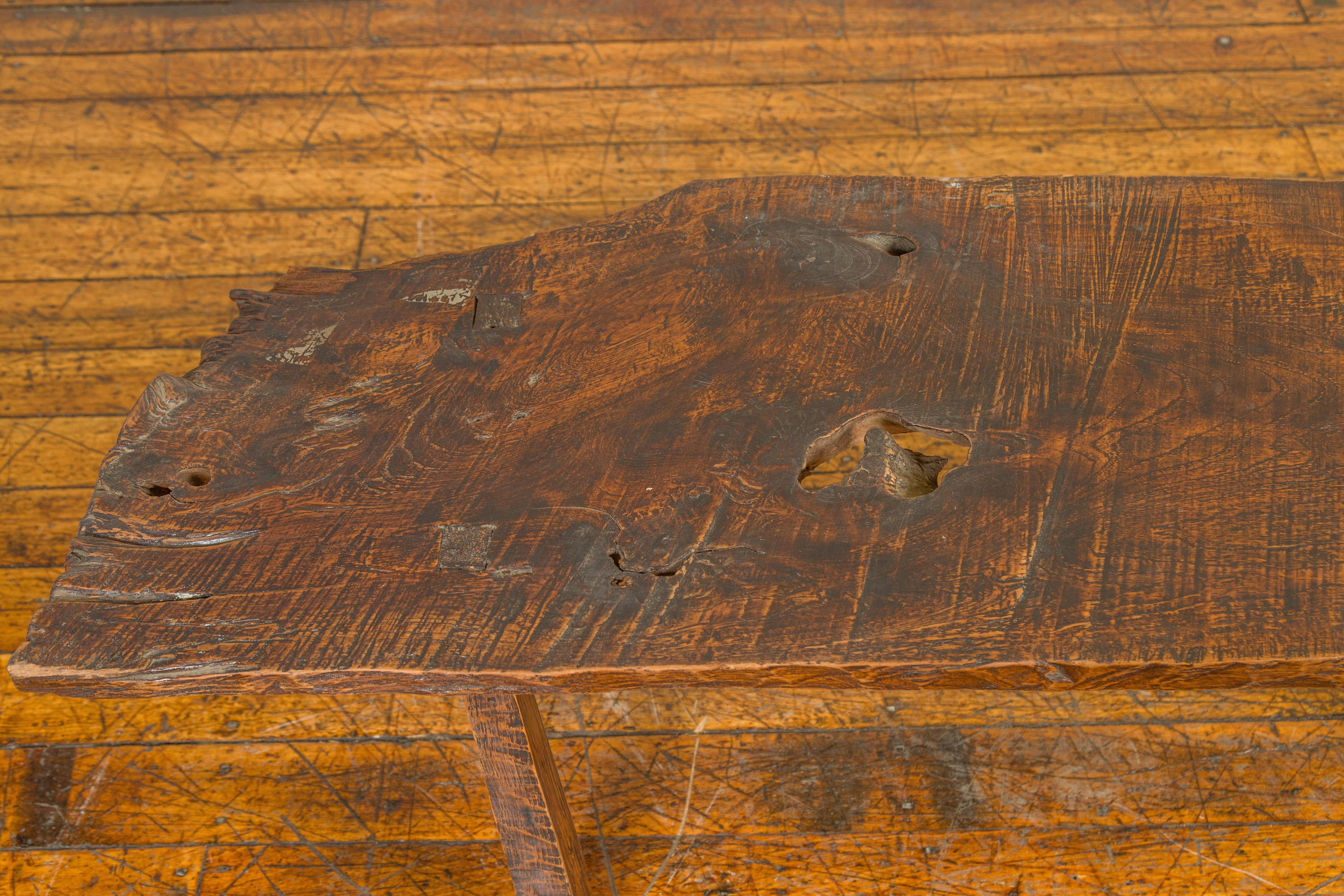 19th Century Rustic Driftwood Bench with Weathered Appearance and Splaying Legs