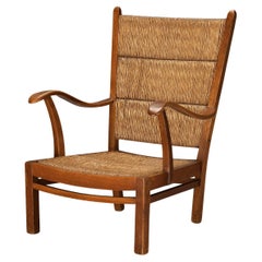 Rustic Dutch Lounge Chair in Woven Straw and Wood 