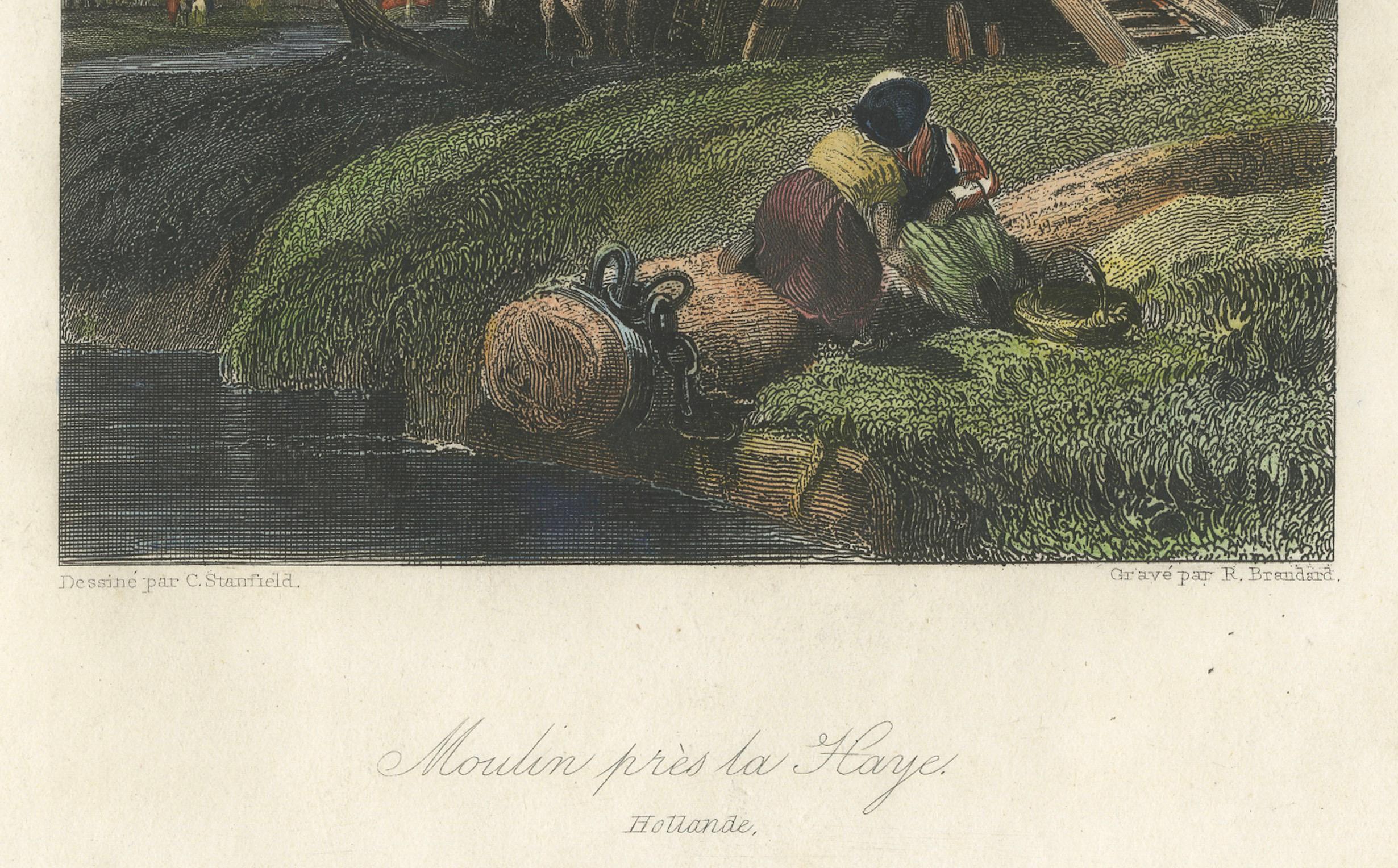 Gravé Scène rustique de moulin à vent néerlandais : moulin près de La Haye par Stanfield, gravée en 1833 en vente