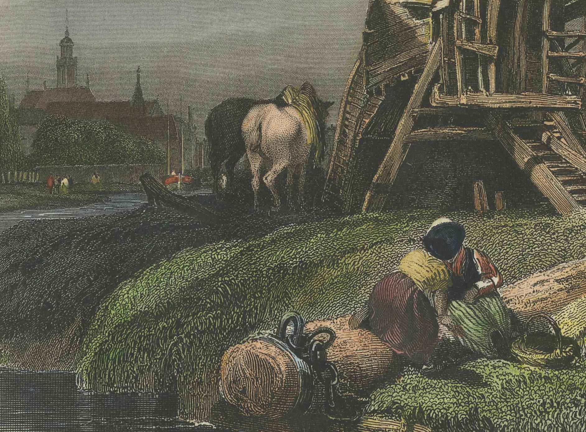 Scène rustique de moulin à vent néerlandais : moulin près de La Haye par Stanfield, gravée en 1833 Bon état - En vente à Langweer, NL