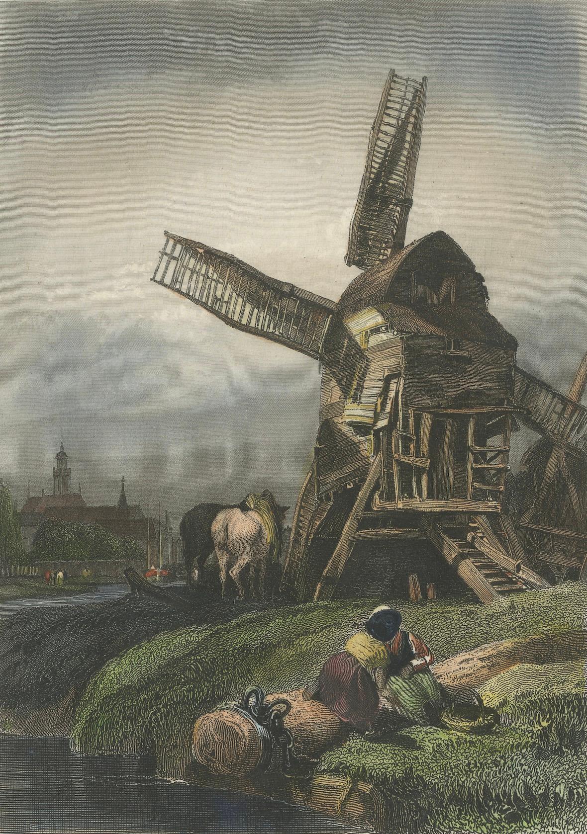 Milieu du XIXe siècle Scène rustique de moulin à vent néerlandais : moulin près de La Haye par Stanfield, gravée en 1833 en vente