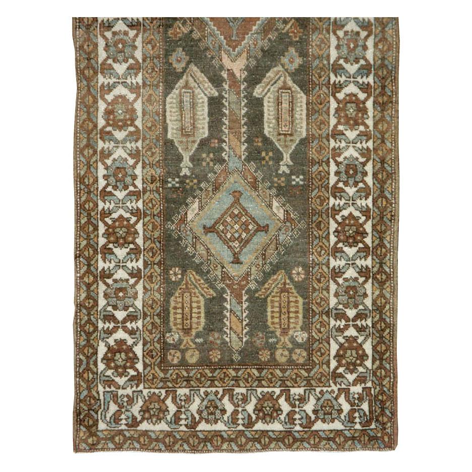 Hand-Knotted Rustic Early 20th Century Handmade Persian Kurd Runner in Khaki Green For Sale