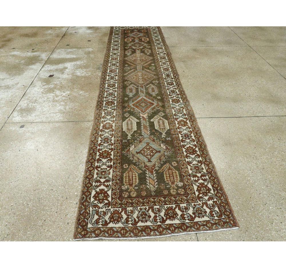Rustic Early 20th Century Handmade Persian Kurd Runner in Khaki Green In Excellent Condition For Sale In New York, NY