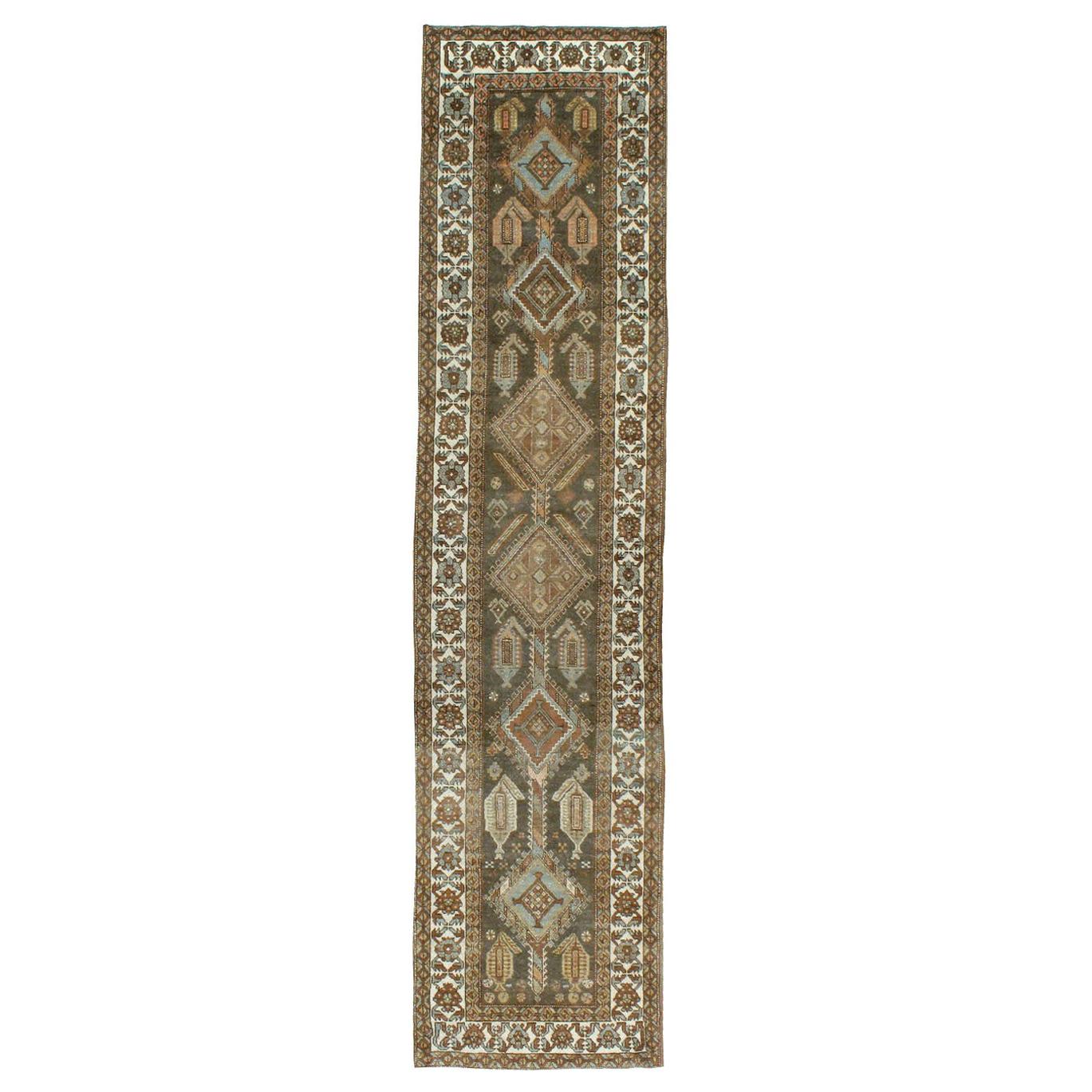 Rustic Early 20th Century Handmade Persian Kurd Runner in Khaki Green For Sale