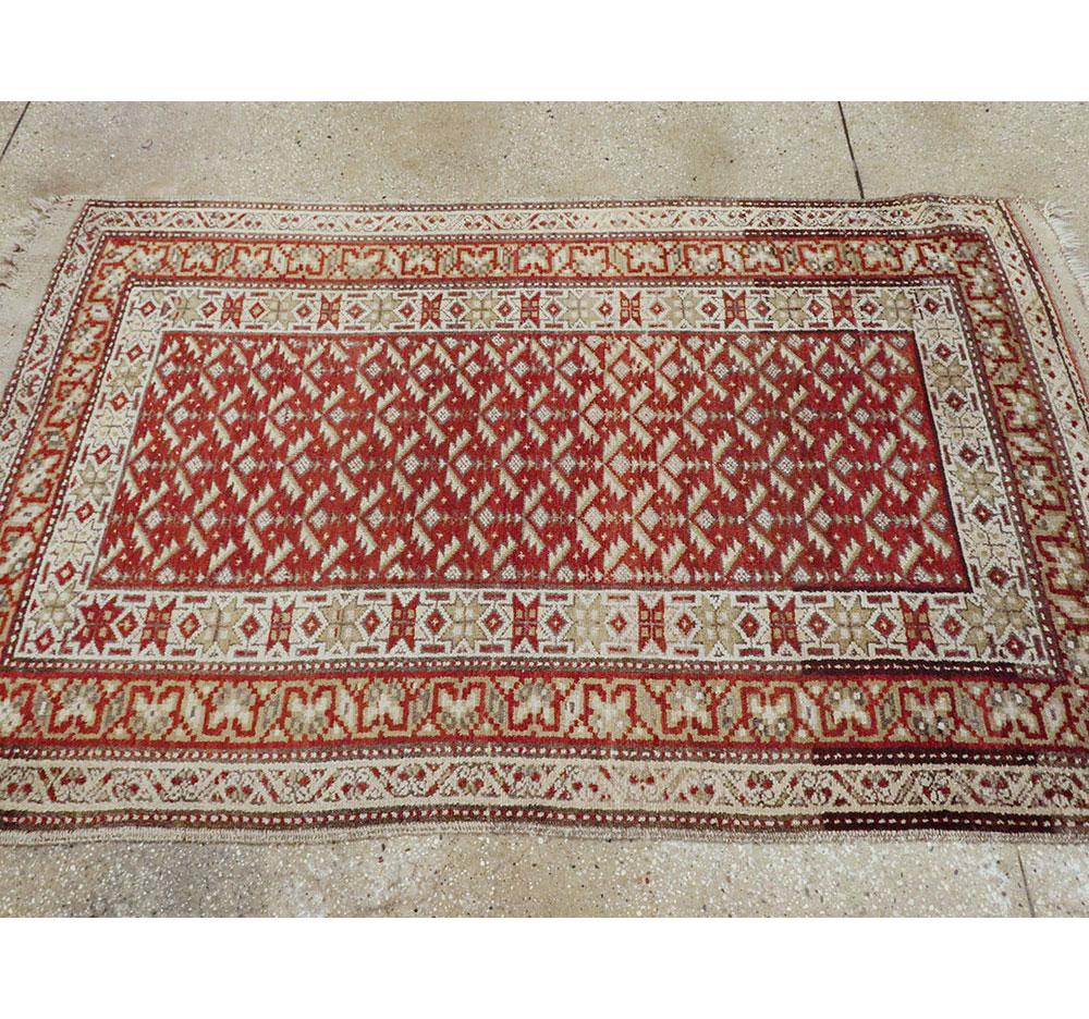 Rustic Early 20th Century Handmade Persian Kurd Throw Rug in Red & Cream For Sale 2