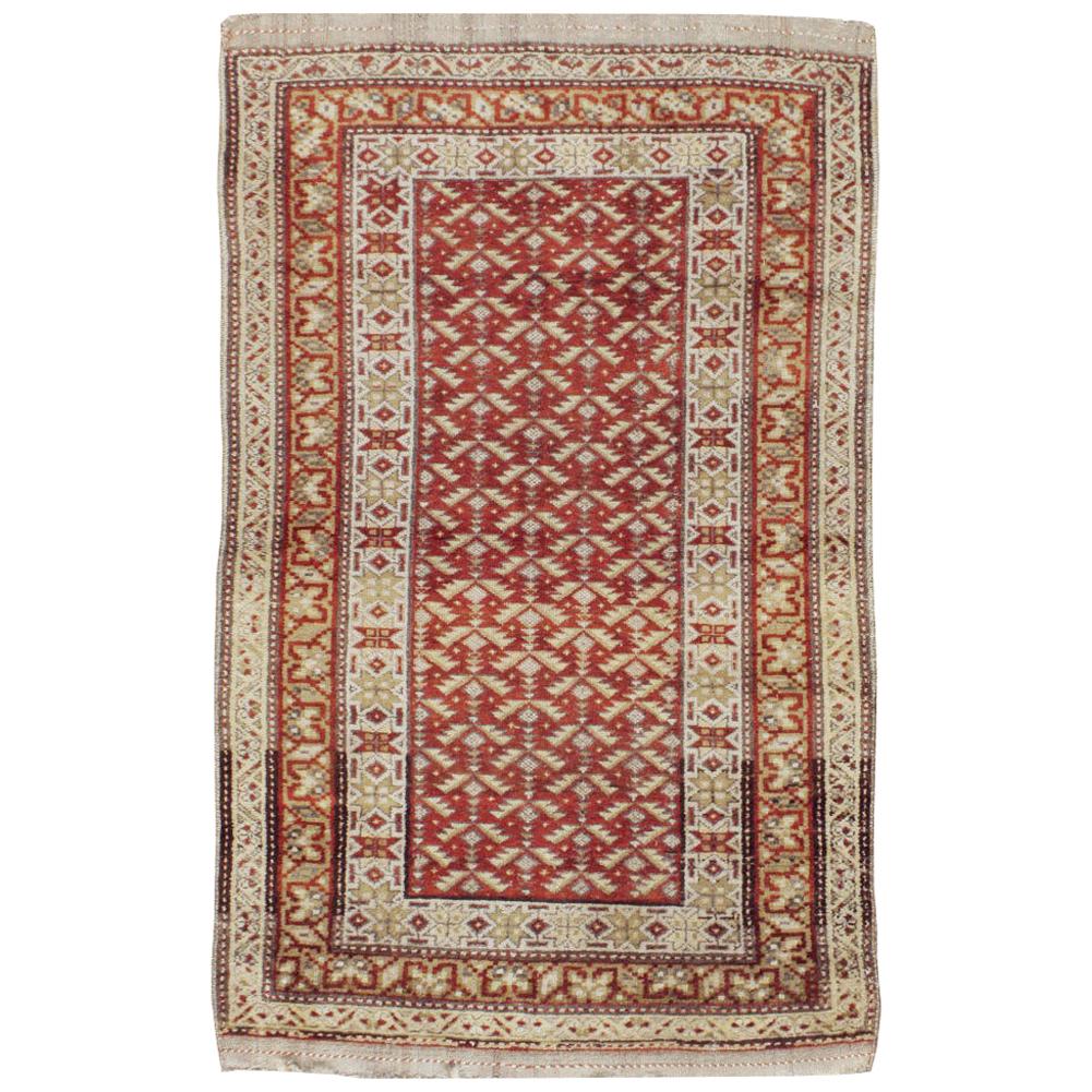 Rustic Early 20th Century Handmade Persian Kurd Throw Rug in Red & Cream For Sale