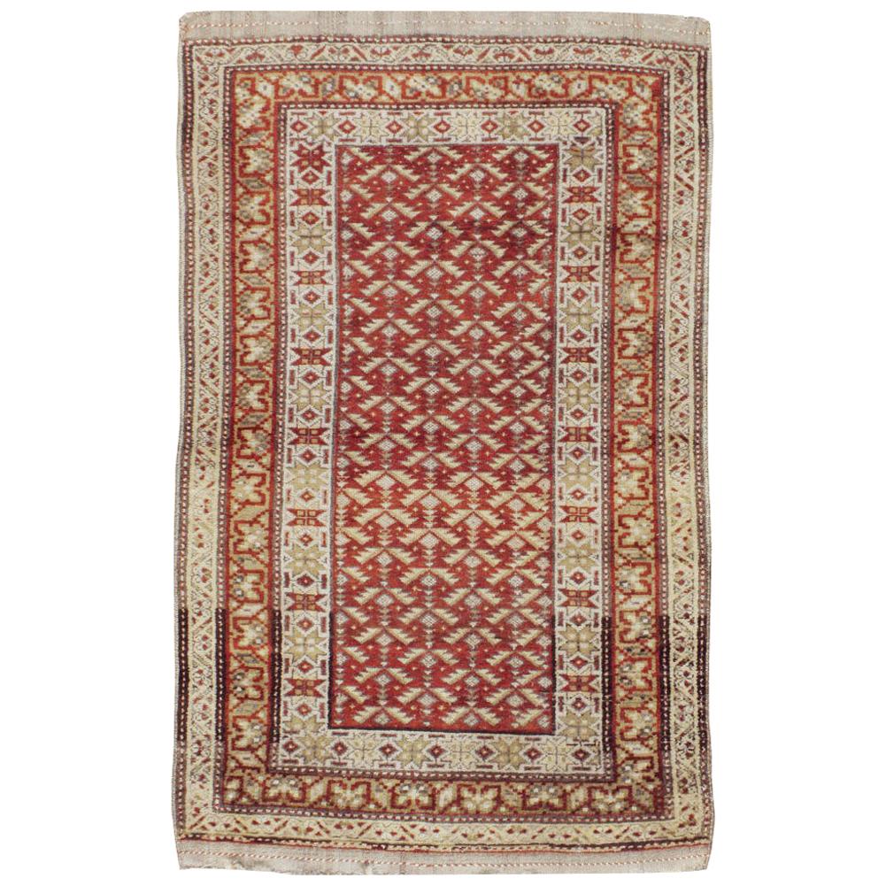 Rustic Early 20th Century Handmade Persian Kurd Throw Rug in Red & Cream