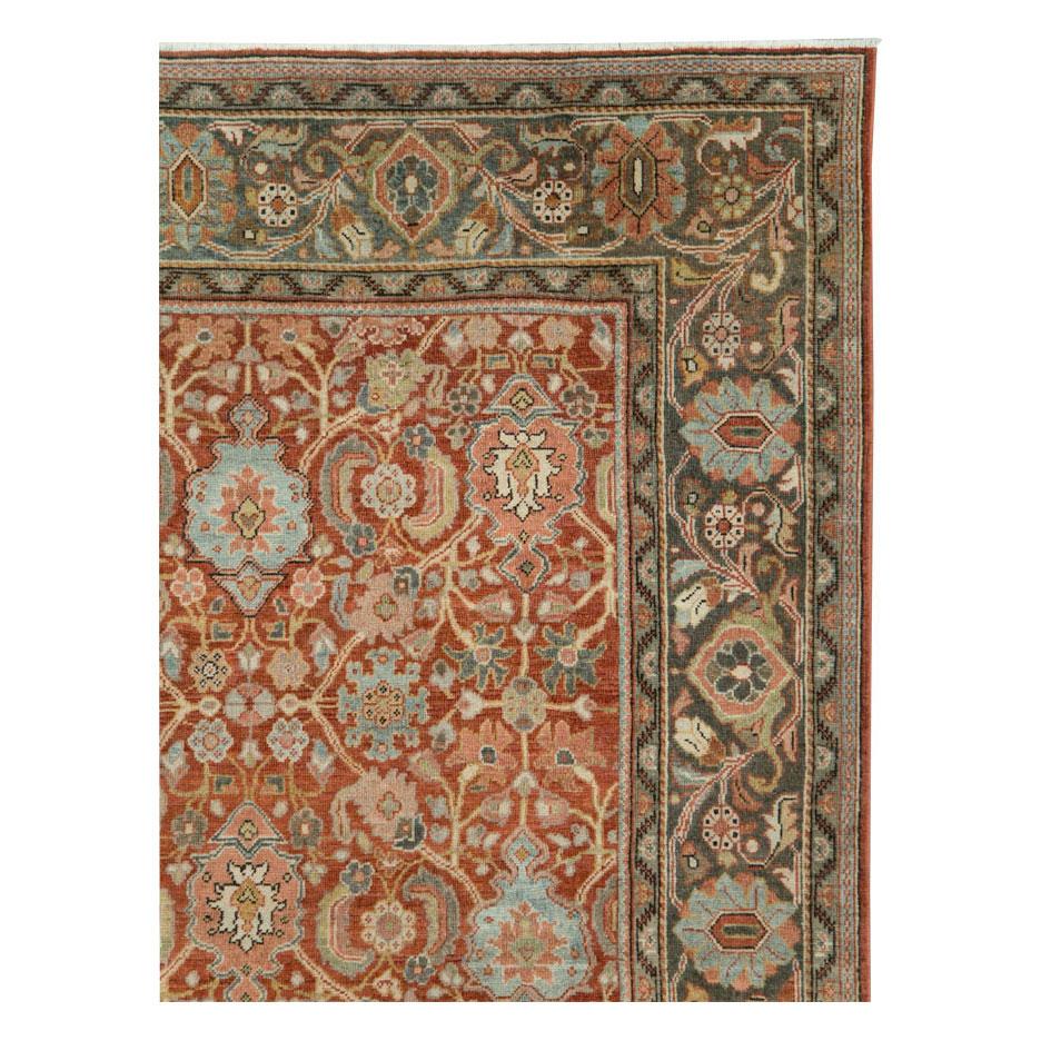 Hand-Knotted Rustic Early 20th Century Handmade Persian Mahal Room Size Carpet in Red & Green