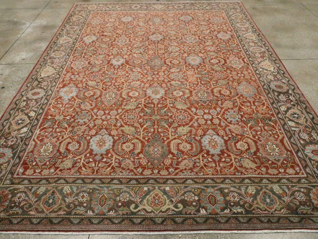 Rustic Early 20th Century Handmade Persian Mahal Room Size Carpet in Red & Green In Excellent Condition In New York, NY