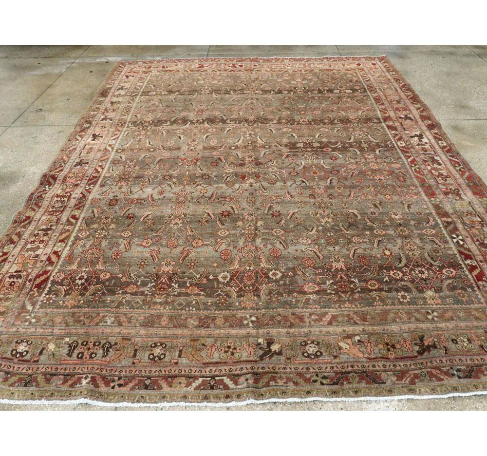 Wool Rustic Early 20th Century Persian Bidjar Room Size Carpet in Earth Tones For Sale