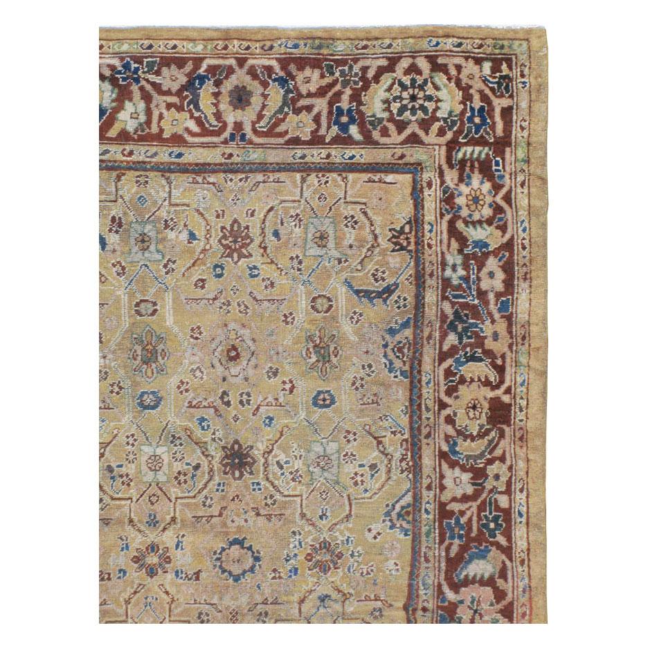 Hand-Knotted Rustic Early 20th Century Persian Mahal Room Size Carpet in Tan and Brick Red For Sale