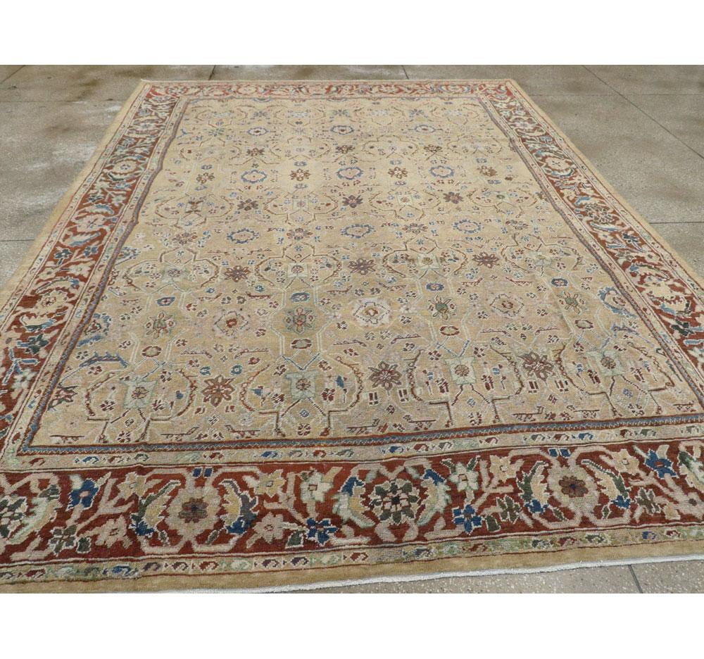 Wool Rustic Early 20th Century Persian Mahal Room Size Carpet in Tan and Brick Red For Sale