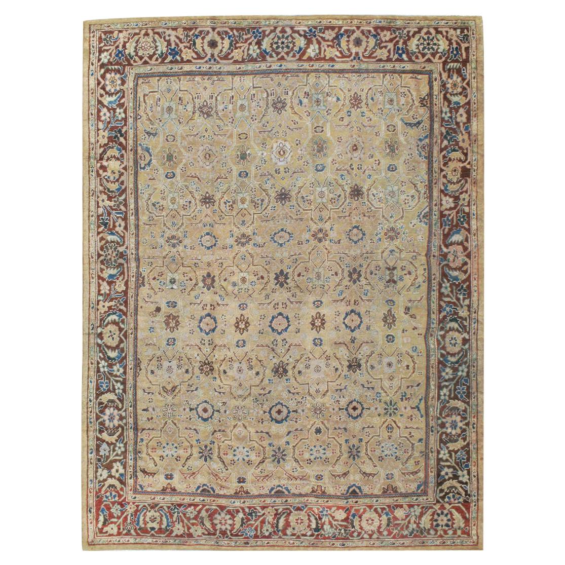 Rustic Early 20th Century Persian Mahal Room Size Carpet in Tan and Brick Red For Sale