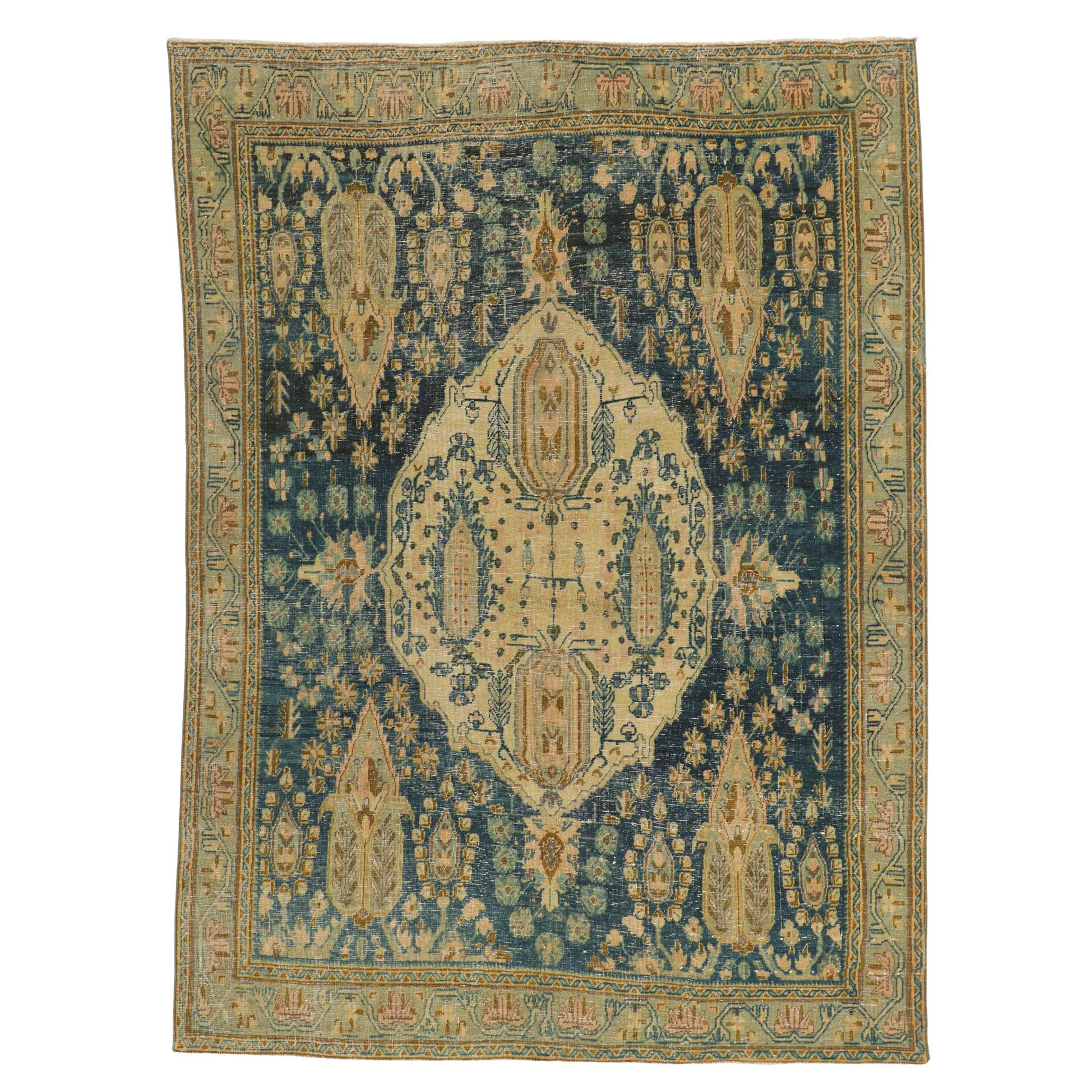 Rustic Earth-Tone Vintage Persian Afshar Rug with Cypress Trees