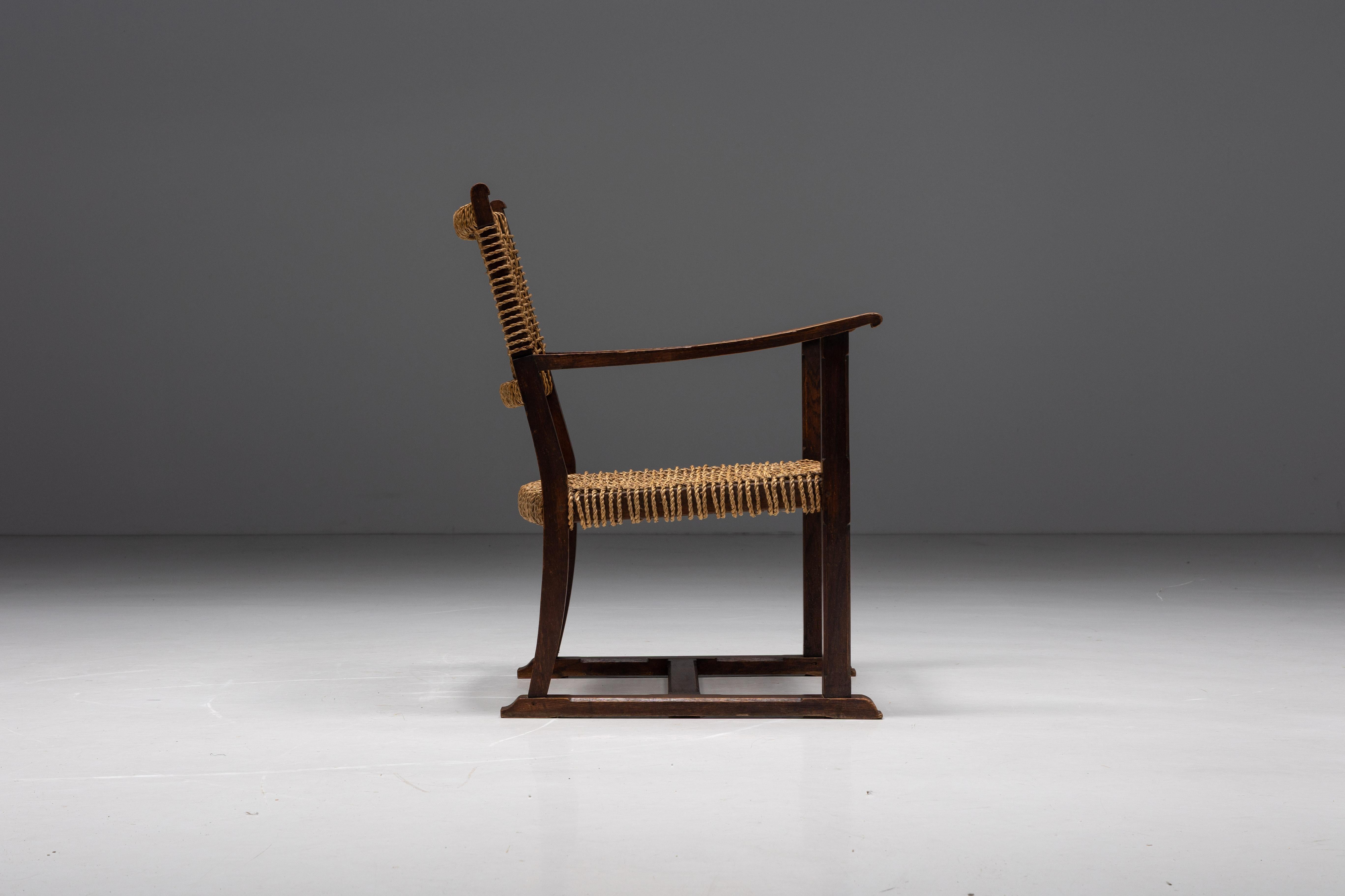 French Rustic Easy Chair in Solid Wood and Rope, France, 1930s